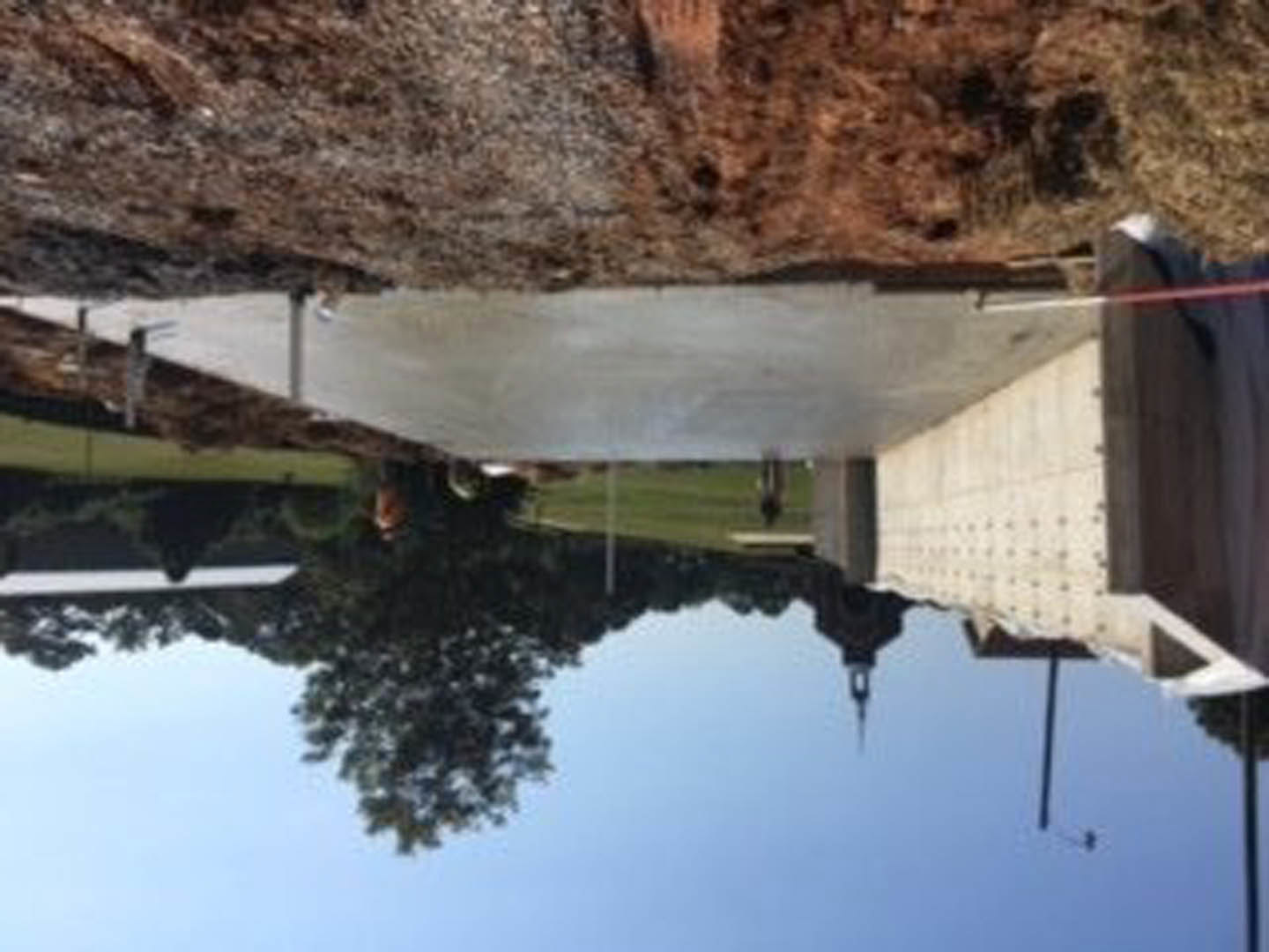 Concrete walkway bordered by grass and leaves leading to a modern residential building with large windows in the background