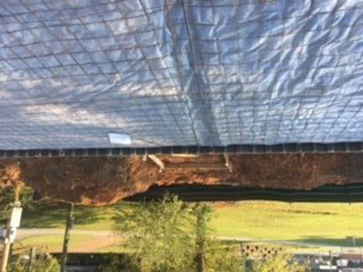 Large blue tarp spread across dirt and patchy grass in a residential yard, bordered by green bushes and trees under a cloudy sky.