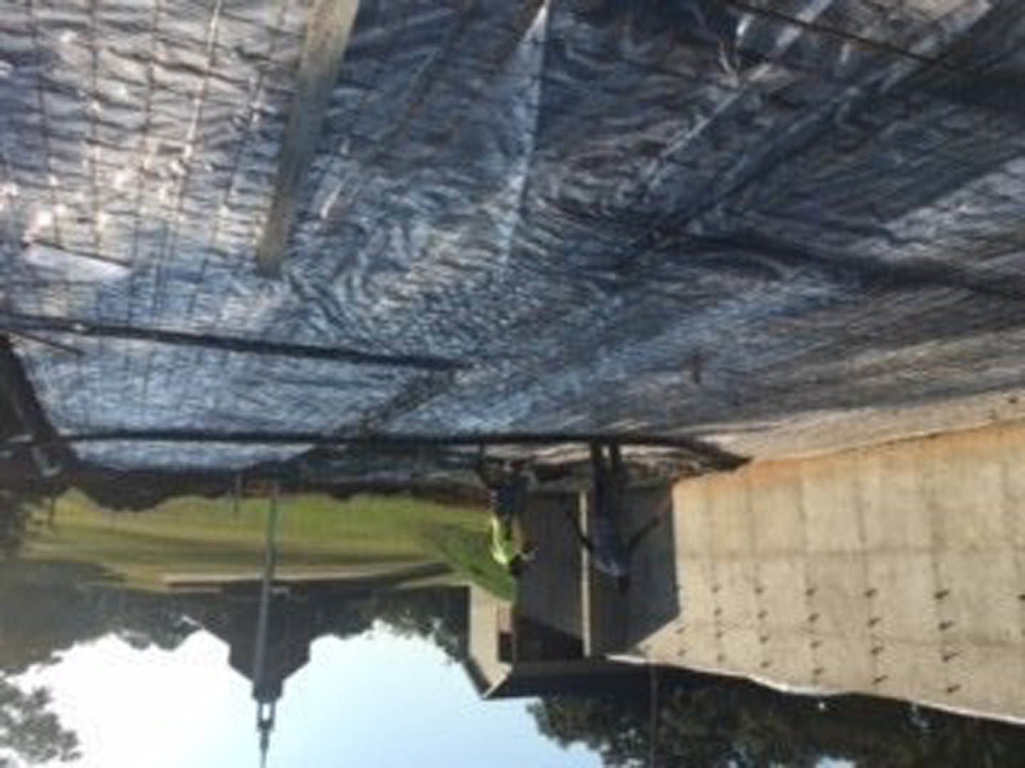 Modern lakeside home exterior with concrete walls, large windows reflecting water, blue tarp covering part of the structure, man standing beside building, bird perched on wall