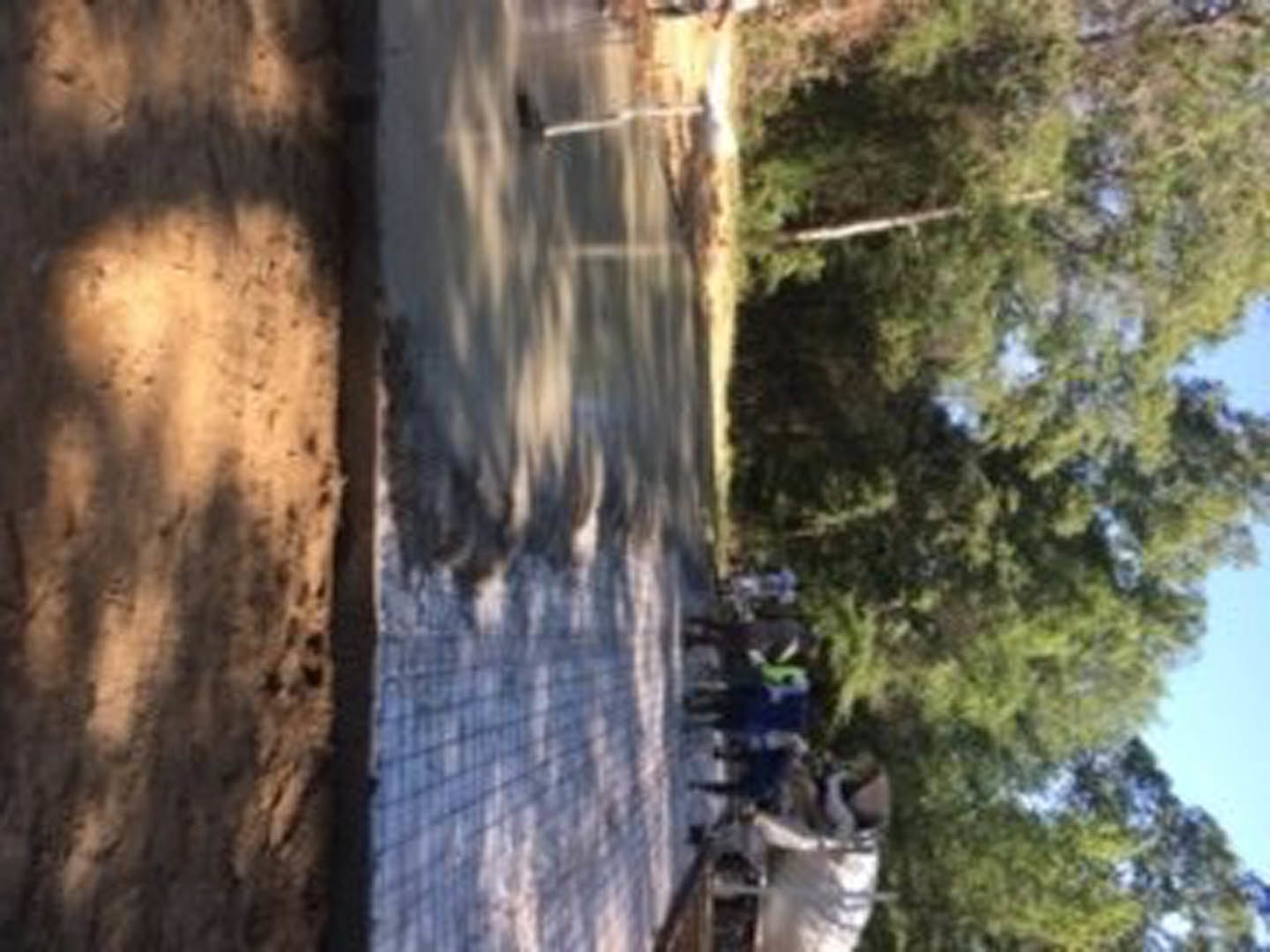 Modern home exterior with light stone facade, large windows, and landscaped front yard featuring mature trees and a paved sidewalk where several people are gathered.
