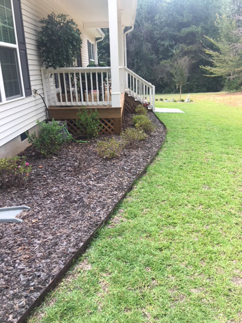 Two-story home with white-framed windows, manicured lawn, leafy tree, fenced backyard, and landscaped plants along the porch