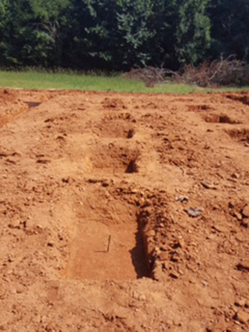 Dirt field with evenly spaced square holes, surrounded by natural soil and blurred greenery in the background