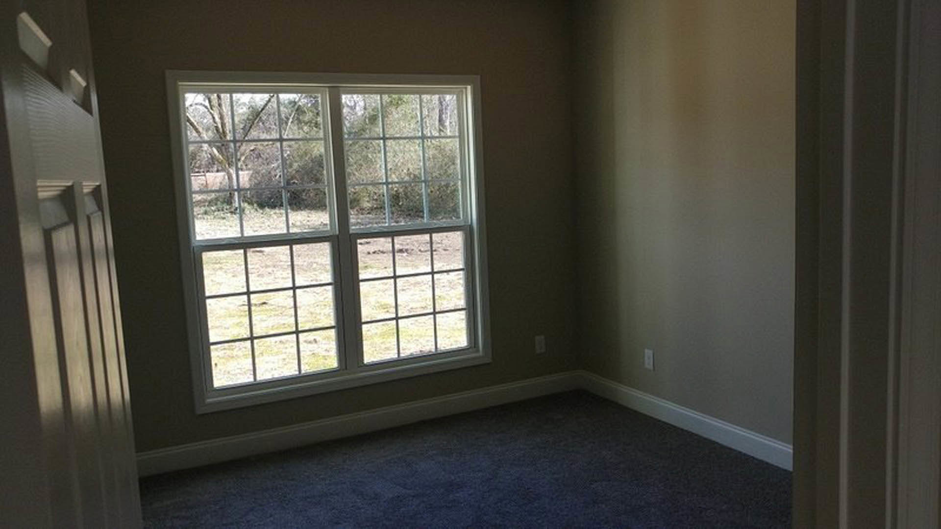 Bright room with white walls, large window with tree view, blue carpeted floor, and white door