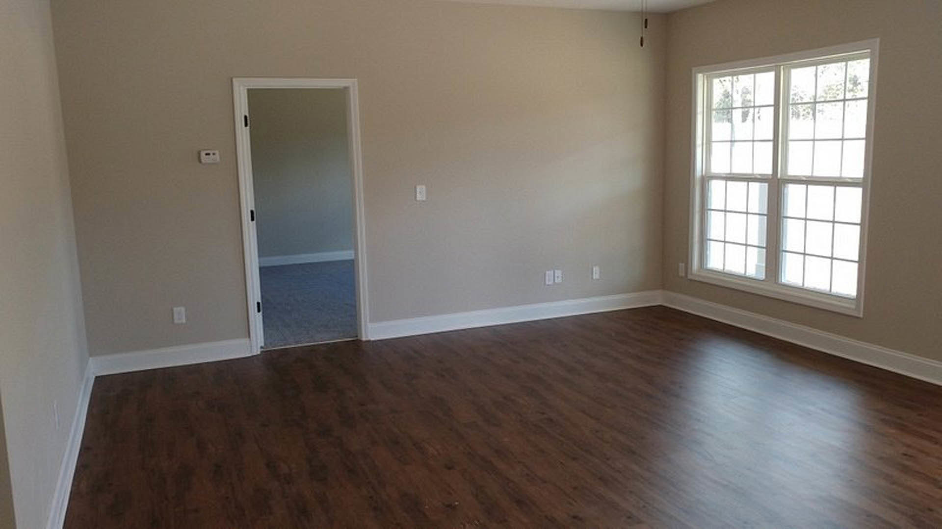 Open white door with multi-pane window, wood flooring, white baseboards, and plaster walls in a residential interior.