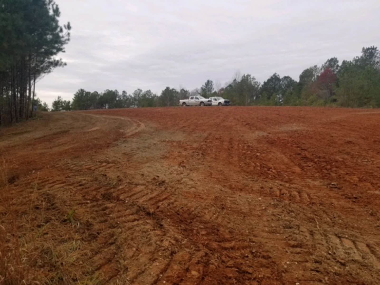 Dirt road lined with parked cars and trucks, surrounded by grassy field and scattered trees under a cloudy sky