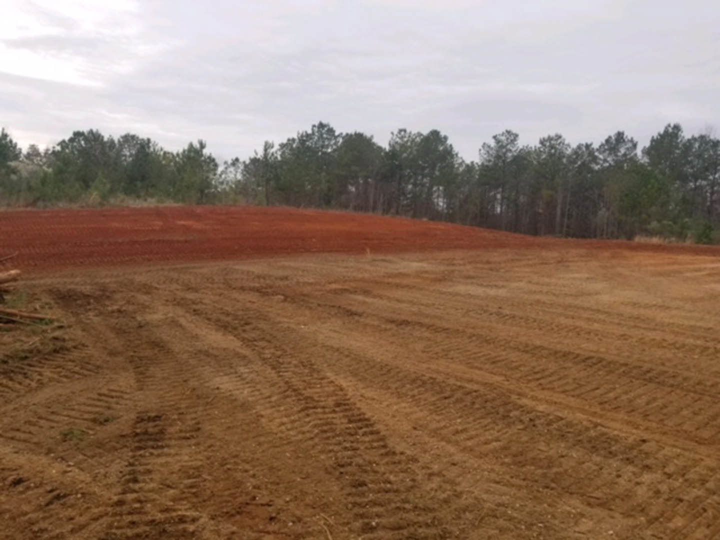 Dirt field with tire tracks bordered by trees under a cloudy sky