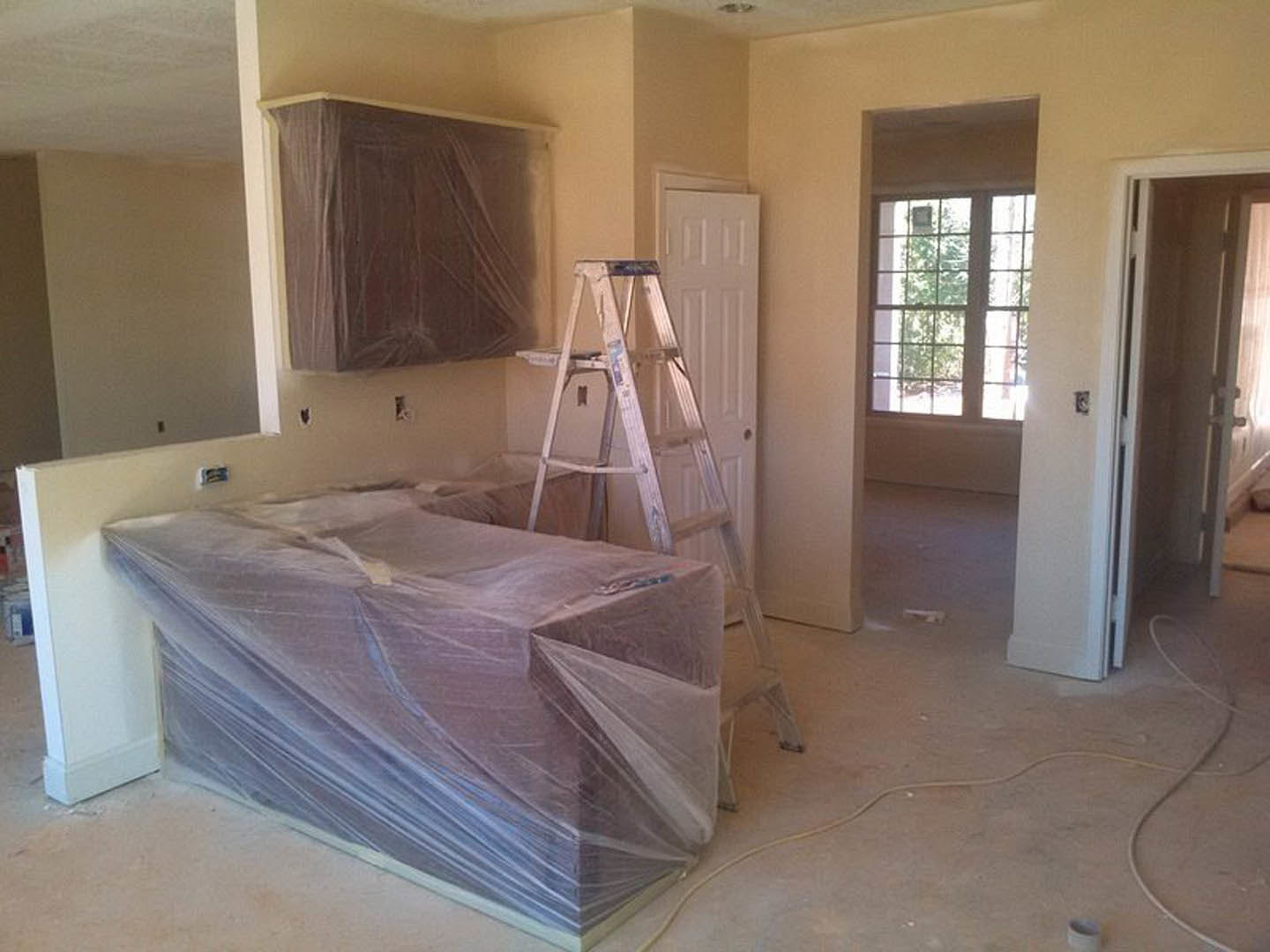 Ladder standing in a room with a couch, bed, and cabinet wrapped in protective plastic, light wood flooring, large window showing leafy tree outside, white walls, and a close-up of