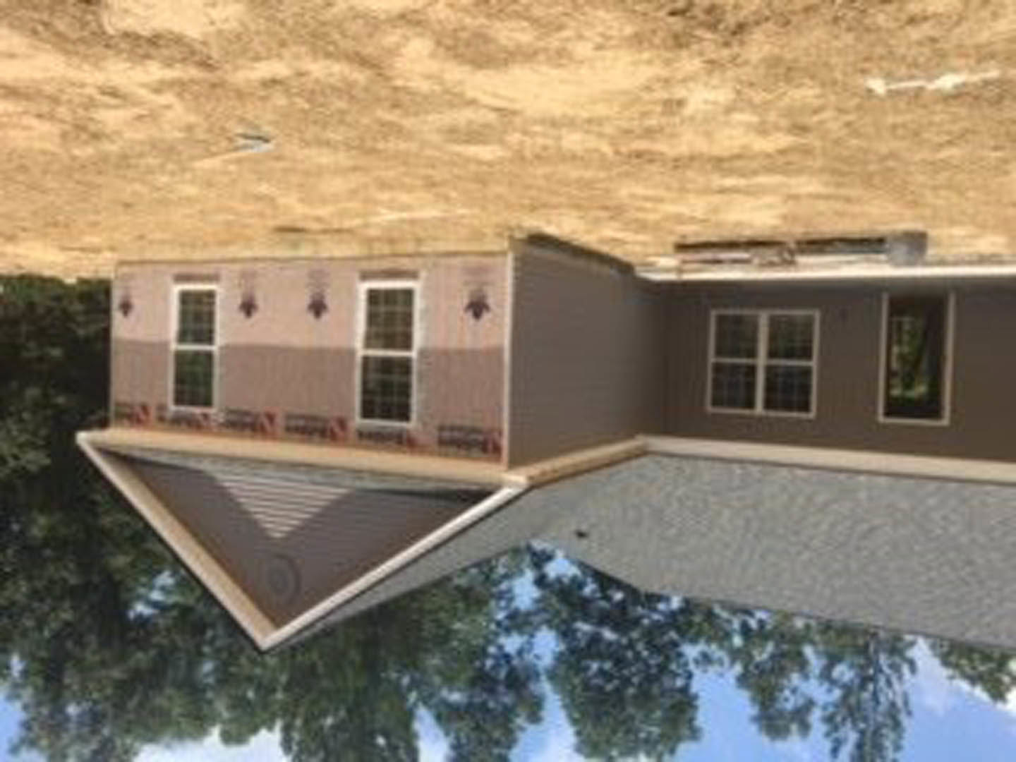 Modern home exterior with large windows reflecting surrounding trees, white window frames, dark roof shingles, and dirt ground with tree shadows