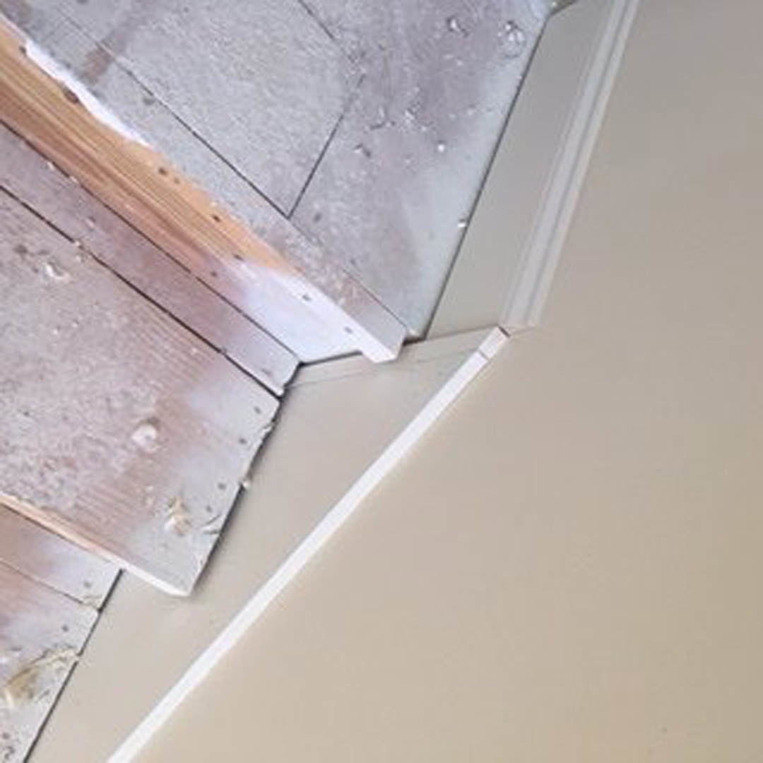 White painted wall with smooth plaster finish, light wood plank flooring, subtle white paint stain visible on floor, close-up of wood surface, blurry cat in background.