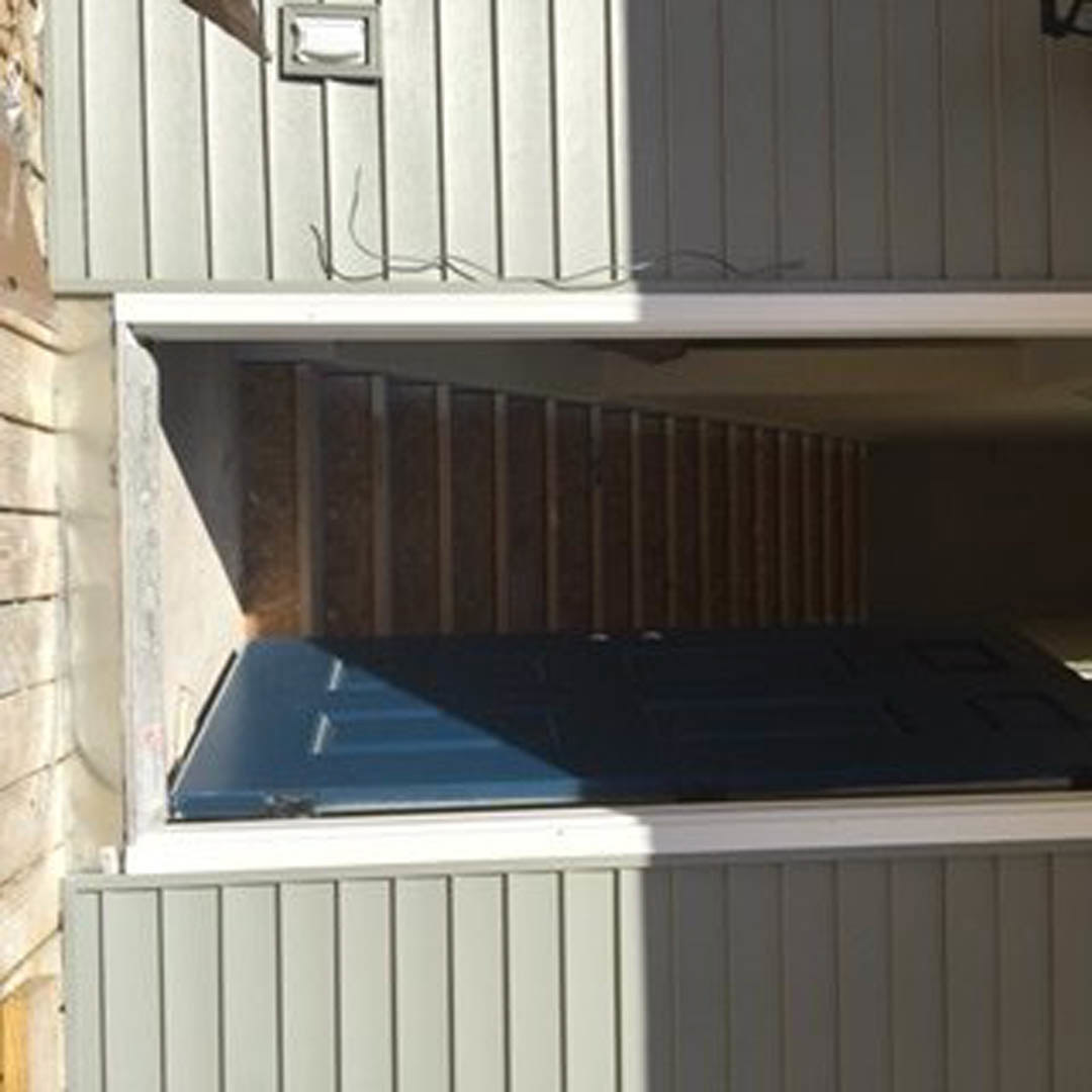 Wooden door with glass panels opening to a carpeted staircase, white walls and natural light visible in entryway