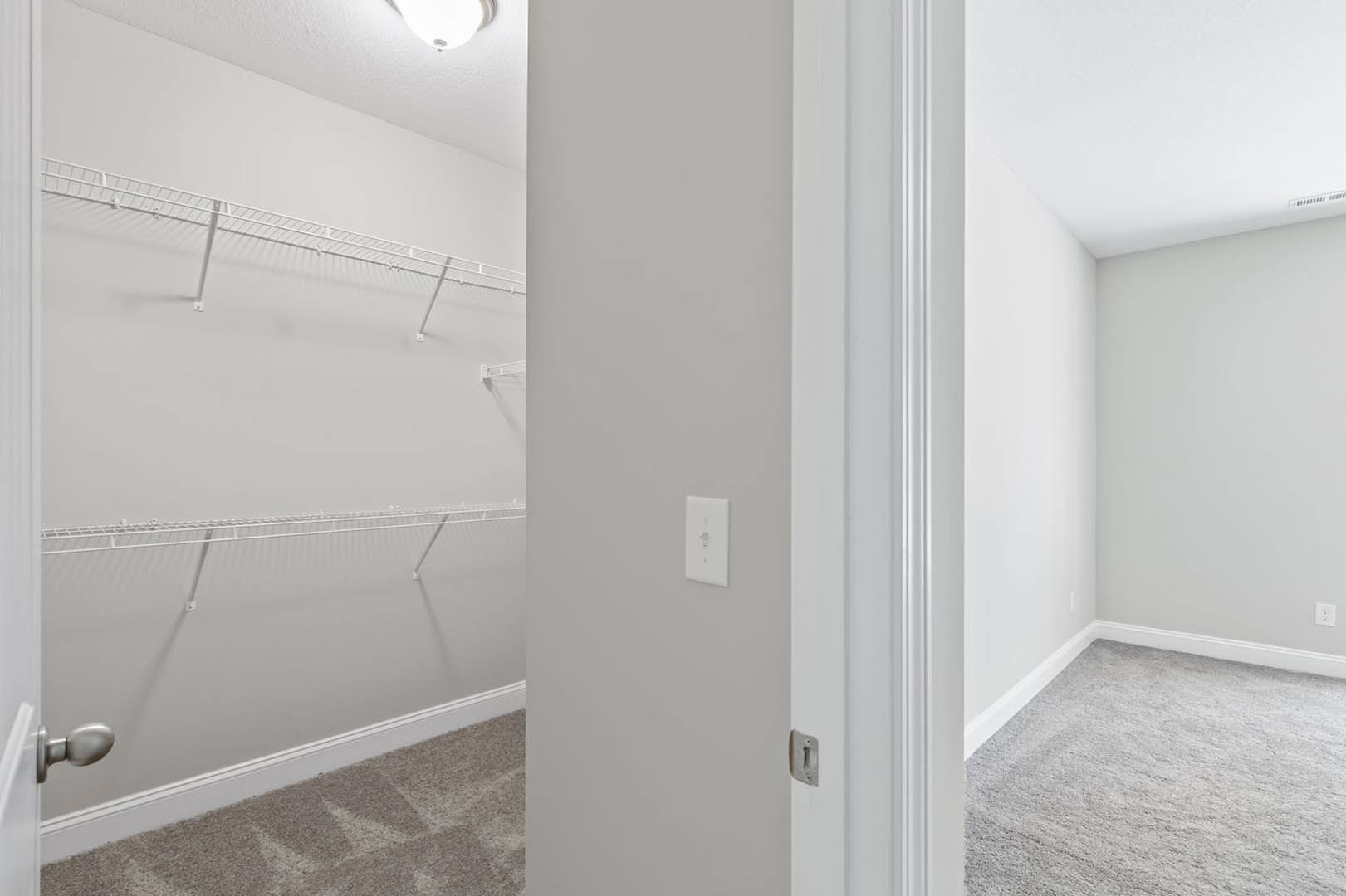 Hallway with white plaster walls, built-in white shelves, recessed ceiling light, light switch on rectangular wall plate, carpeted floor