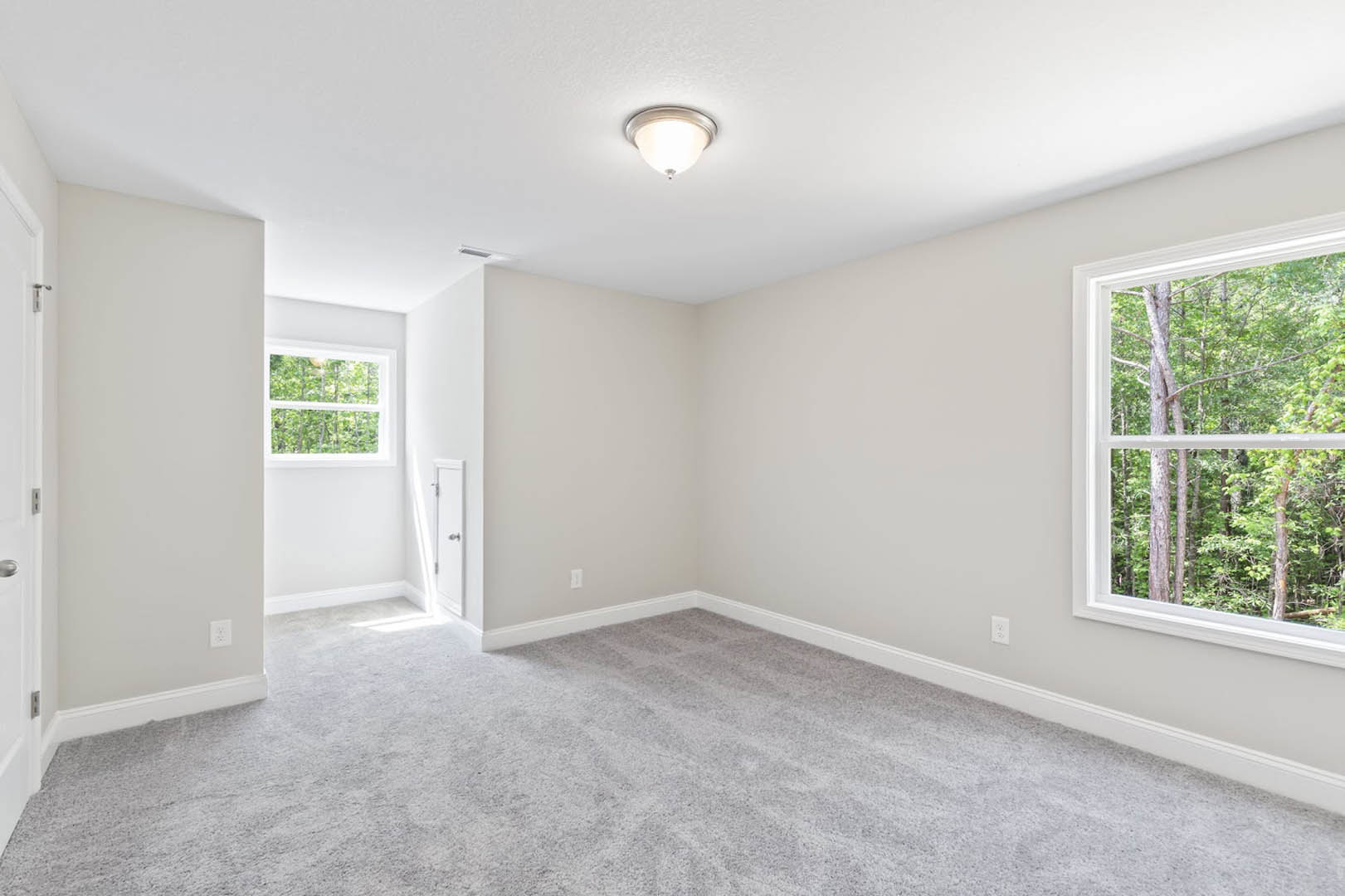 Spacious room with plush carpet, large windows overlooking trees, and modern ceiling light fixture