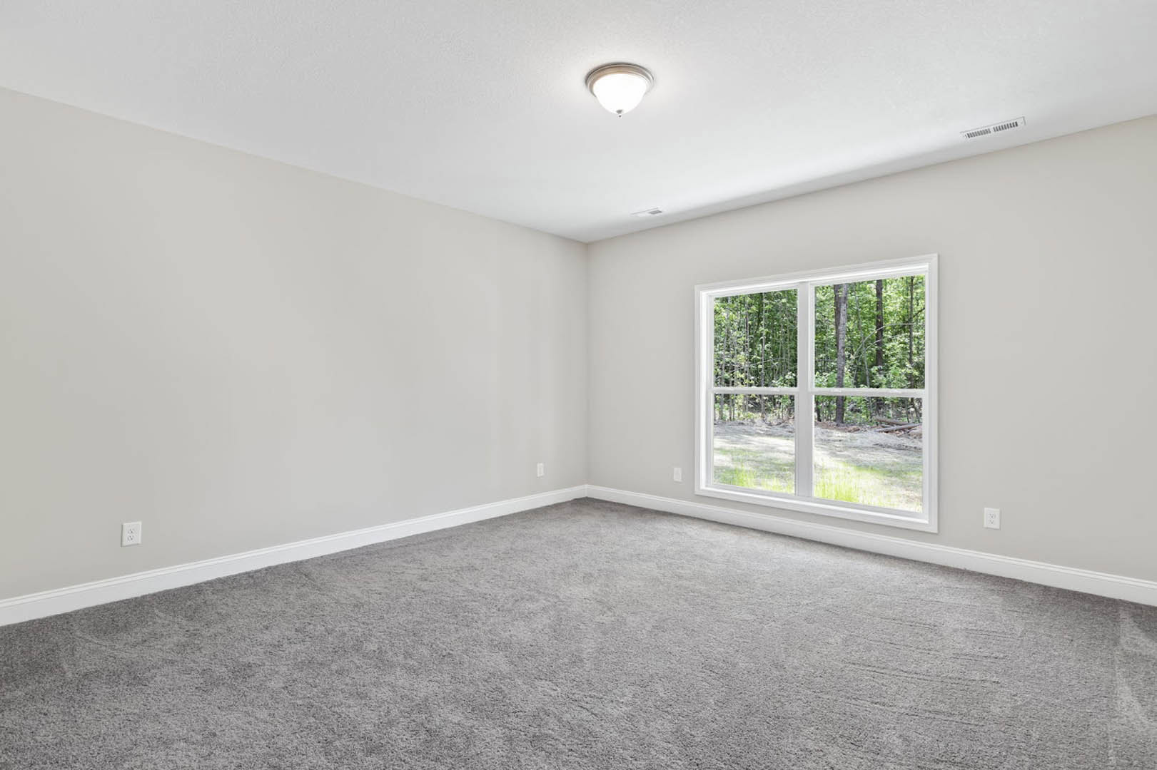 Bright room with white walls, large window overlooking green lawn and trees, soft grey carpet flooring, simple ceiling light fixture