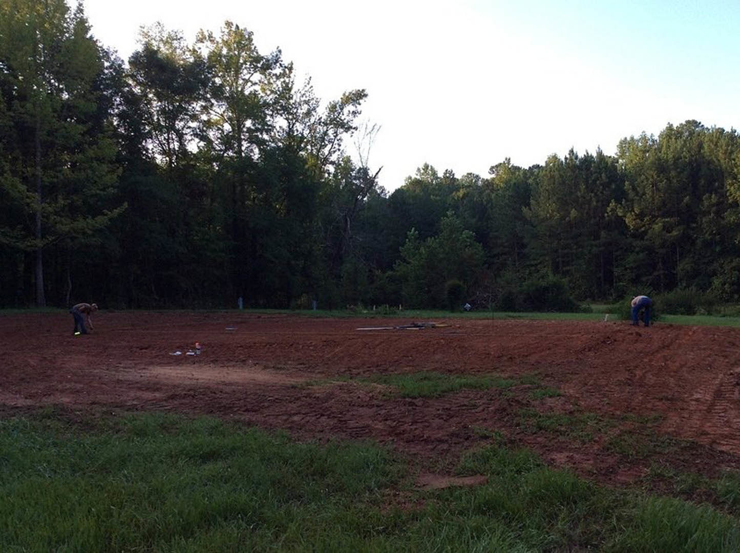 Modern custom home with light stone exterior, large windows, and landscaped front yard featuring green grass, young trees, and open sky above.