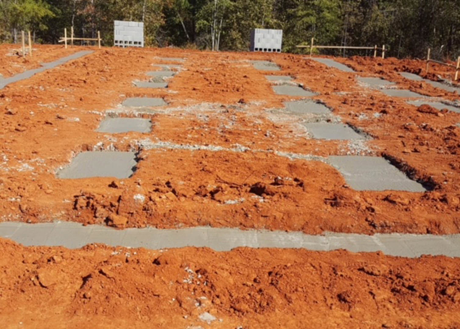 Dirt yard with scattered square tiles, white brick wall in background, tree and plants visible outdoors