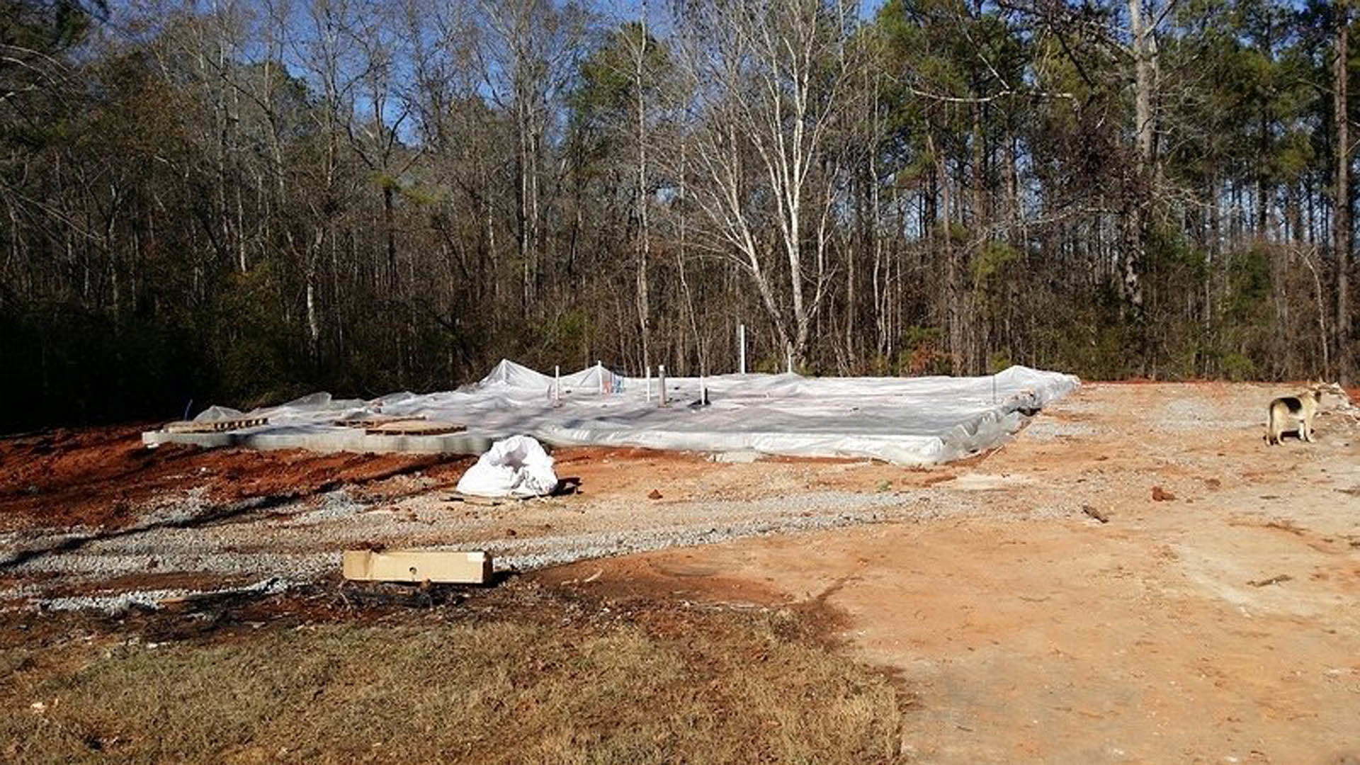 Construction site with exposed soil, wooden framing, blue tarp covering materials, scattered trees in background, white bag on ground, person in white coat near work area