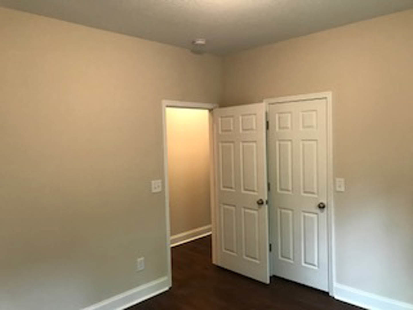 White-painted room with two paneled doors, light switch and electrical outlet on smooth plaster wall, wood flooring, simple base molding.