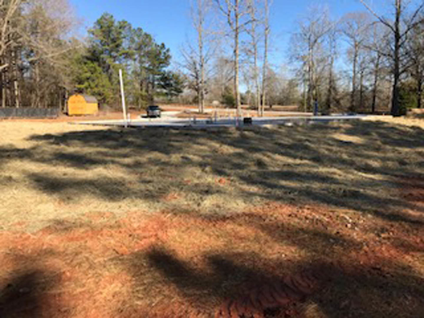 Grass field bordered by mature trees, parked car partially visible in background, yellow sign near tree line, clear sky overhead