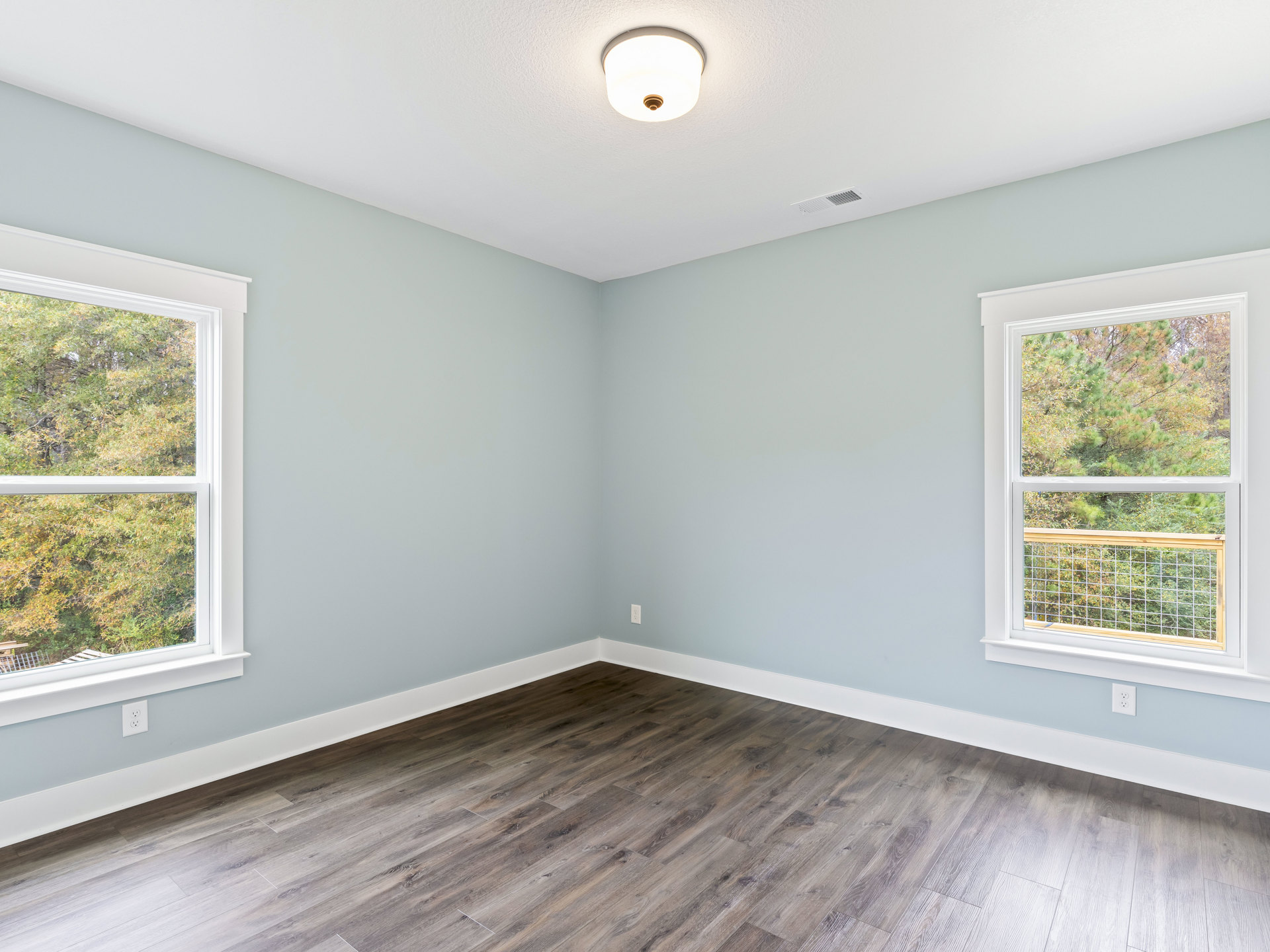 Light blue walls, wood flooring with white baseboards, ceiling light fixture, large windows showing trees and a fence outside