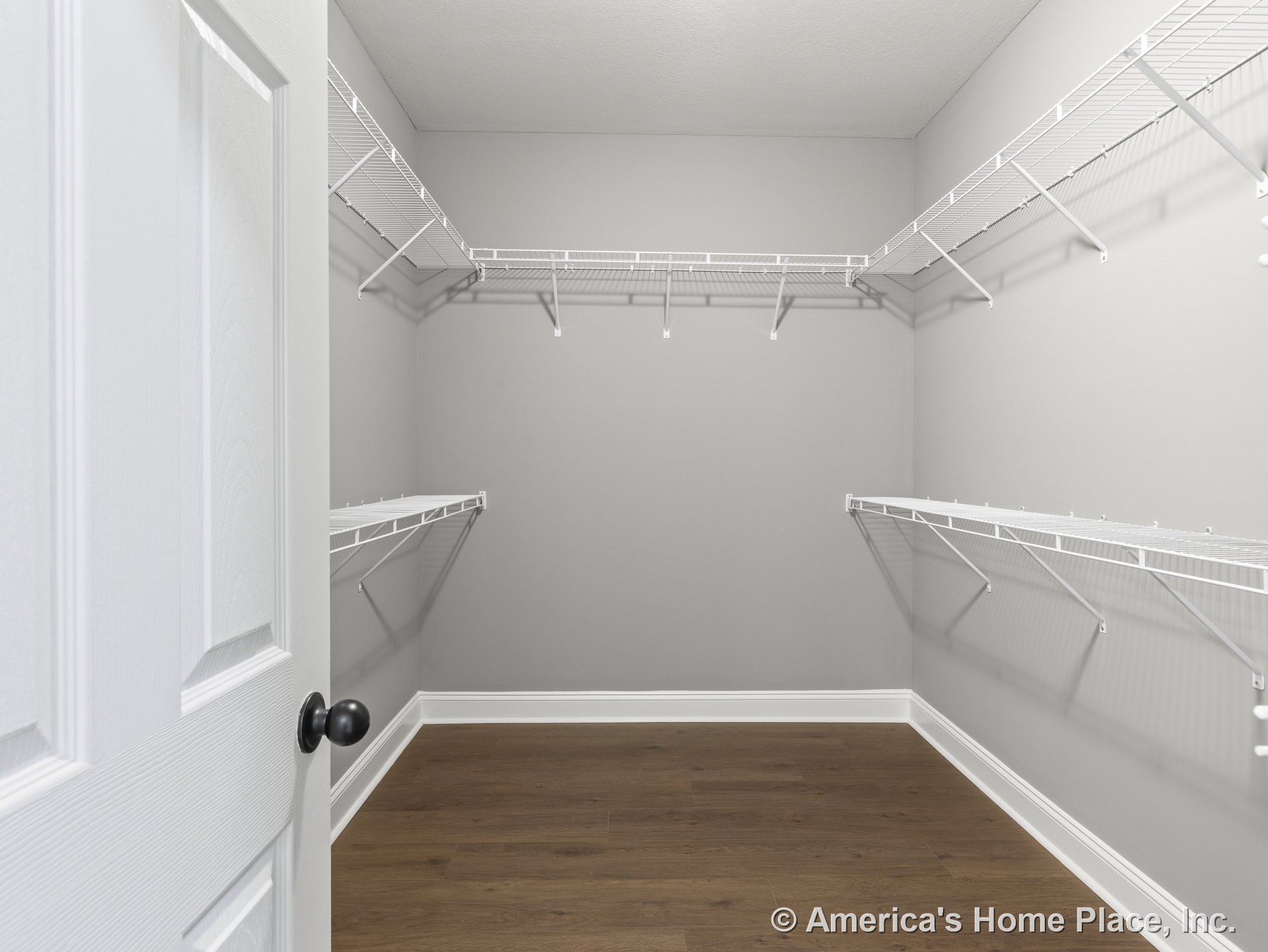 Walk-in closet with white wire shelving, gray painted walls, wood-look flooring, white baseboards, paneled door, and smooth finished ceiling.