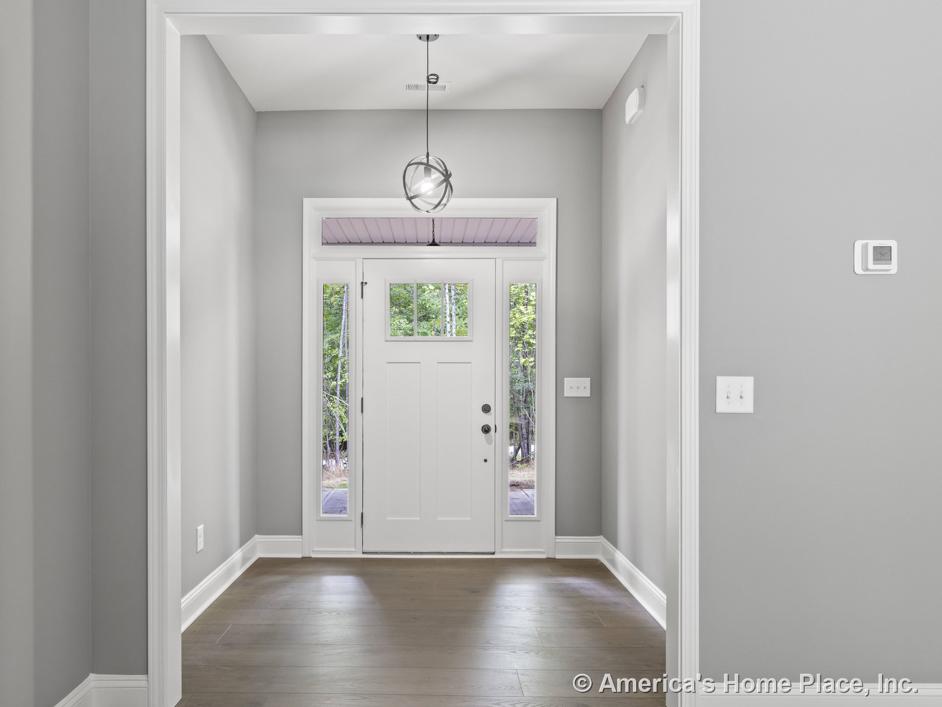 White paneled front door with glass sidelights and transom window, gray painted walls, wood plank flooring, modern pendant light fixture, white trim and baseboards, brushed metal