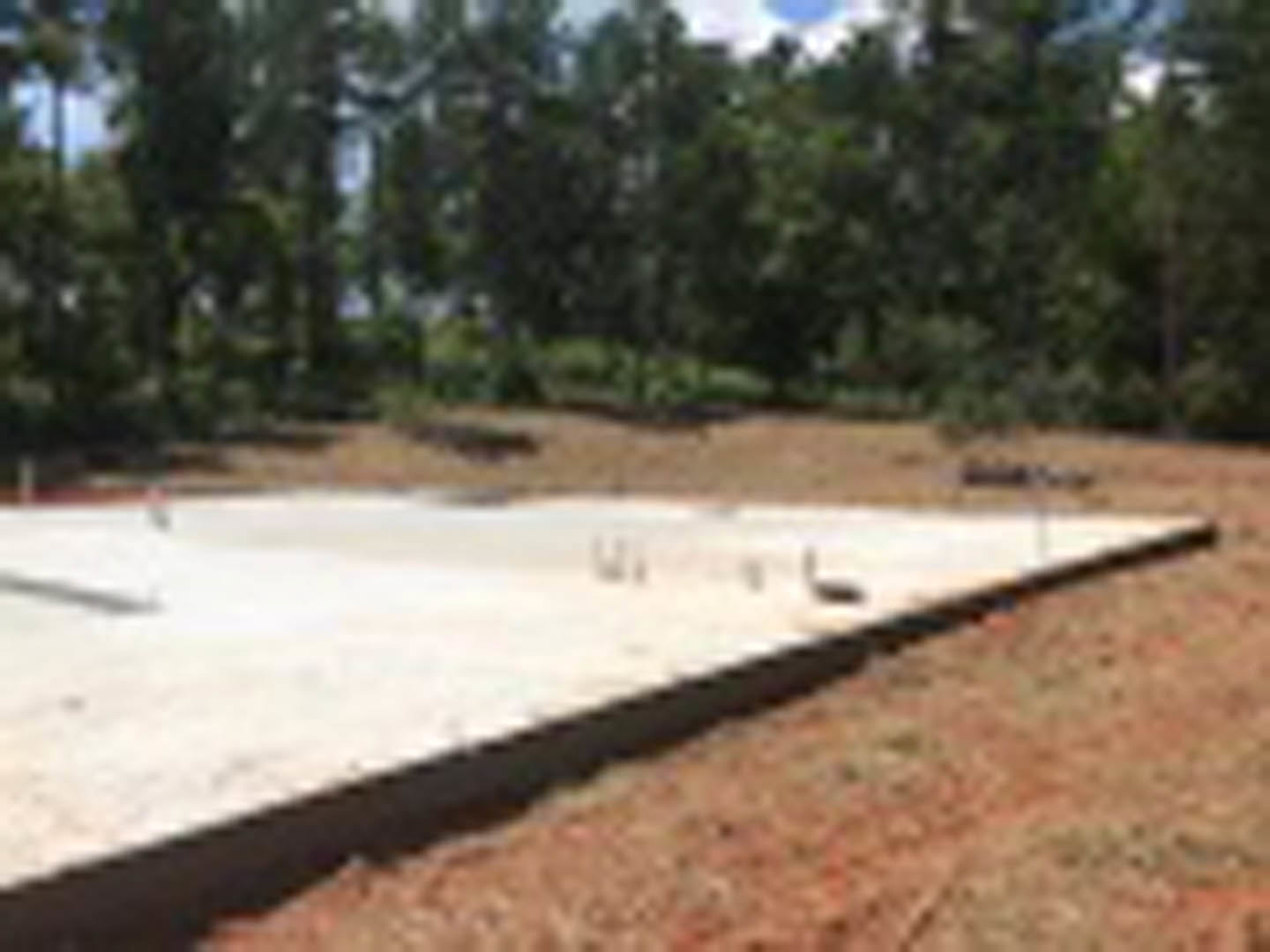 Smooth concrete slab bordered by a cement edge, surrounded by tall trees and greenery in the background