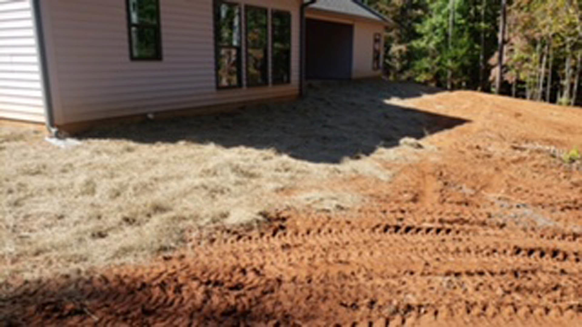 White house with black-framed windows, surrounded by trees and plants, dirt patch covering the front yard