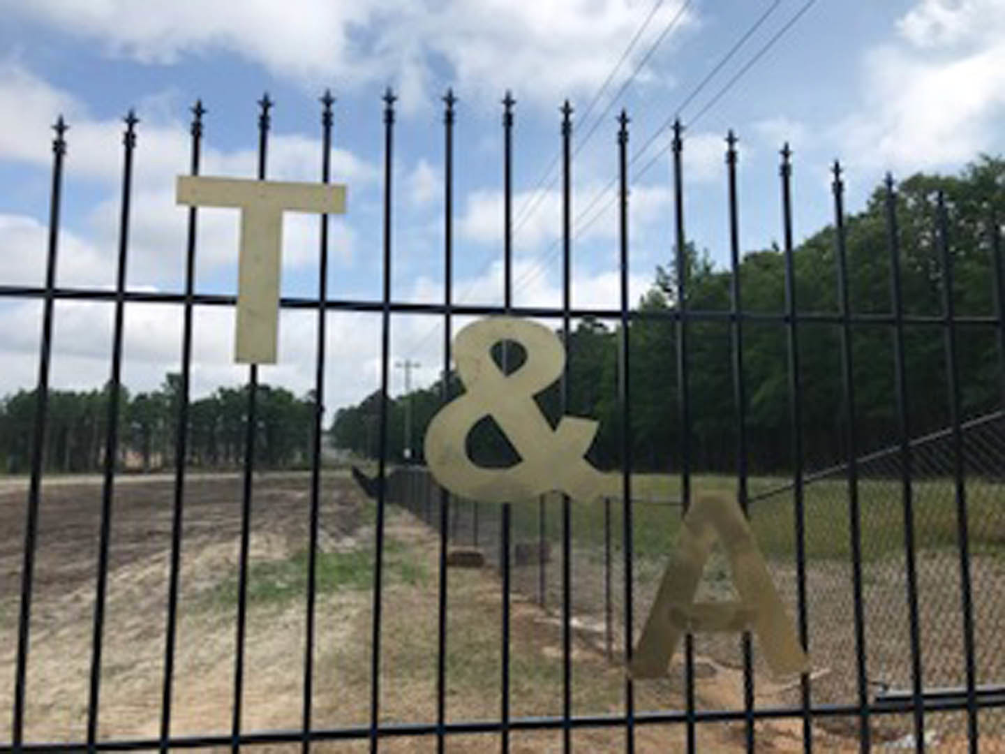 Metal wire fence with cut-out letters, black and white sign attached, tree and cloudy sky in background.