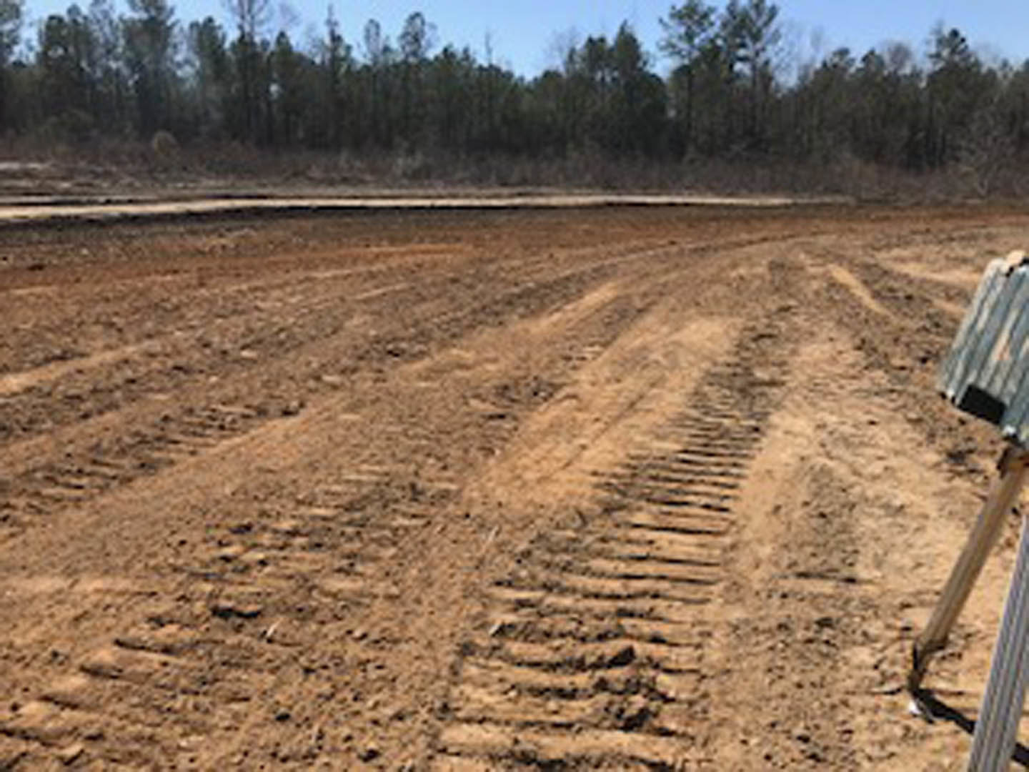 Dirt road with deep tire tracks bordered by trees, muddy soil visible along the ground, overcast sky above