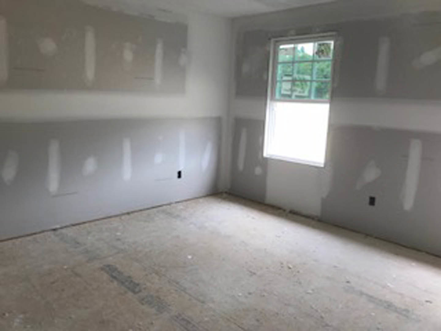 White-painted room with wood flooring, large window featuring green window pane, sunlight illuminating the floor