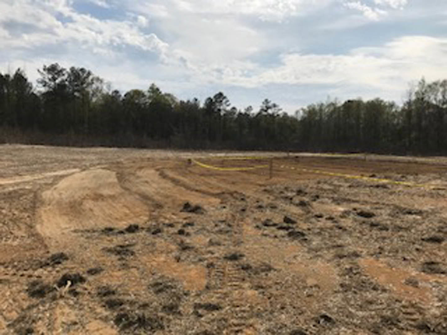 Dirt field with tire tracks bordered by trees under a cloudy sky