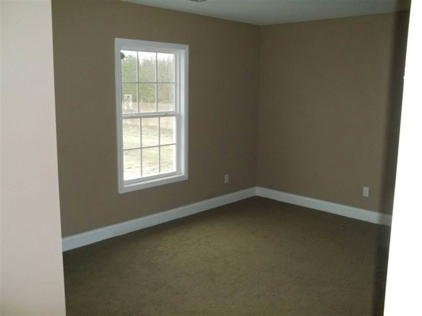 Carpeted room featuring a large multi-pane window with white trim, plaster walls, and blue sky with clouds visible outside.