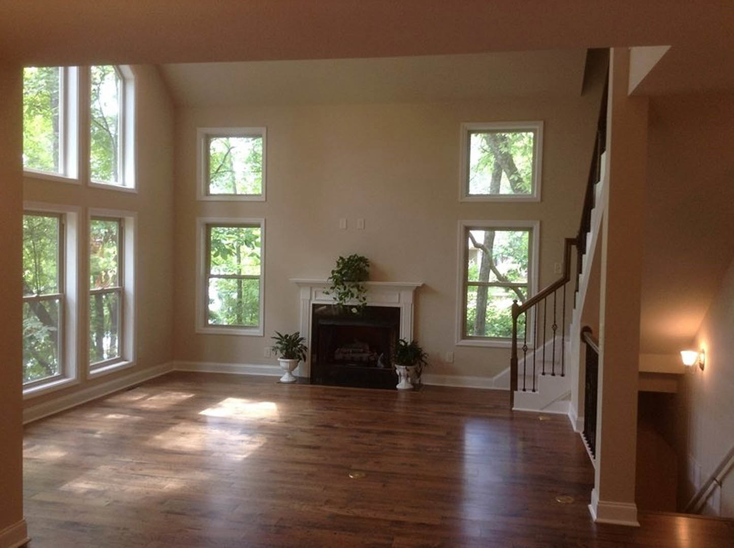 Hardwood-floored living room featuring a central fireplace, potted plant on the hearth, large windows with tree views, and soft natural light illuminating the space.