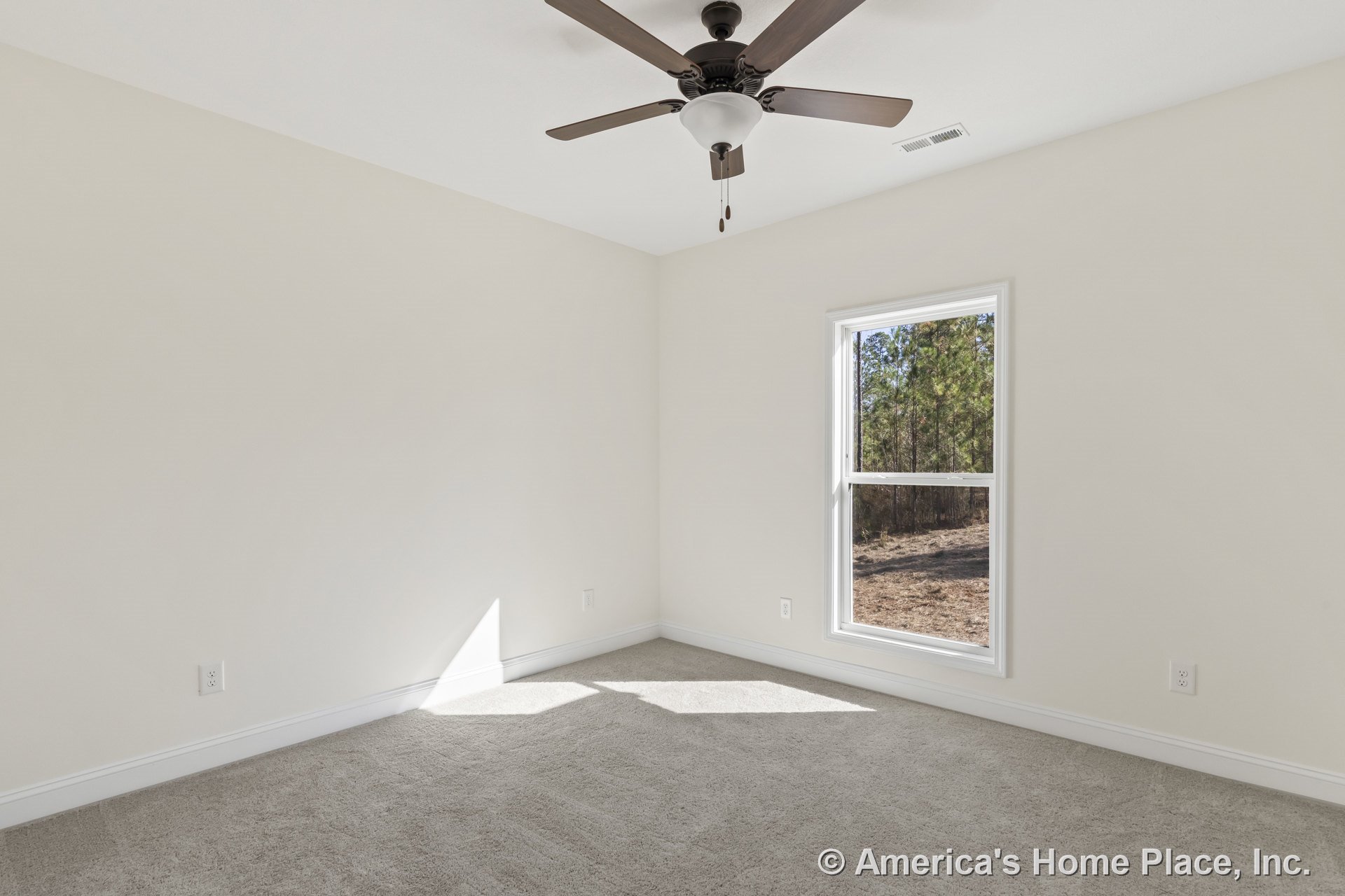 Ceiling fan with integrated light fixture, large single window framed in white trim, neutral painted walls, carpeted flooring, white baseboards, and visible electrical outlets.