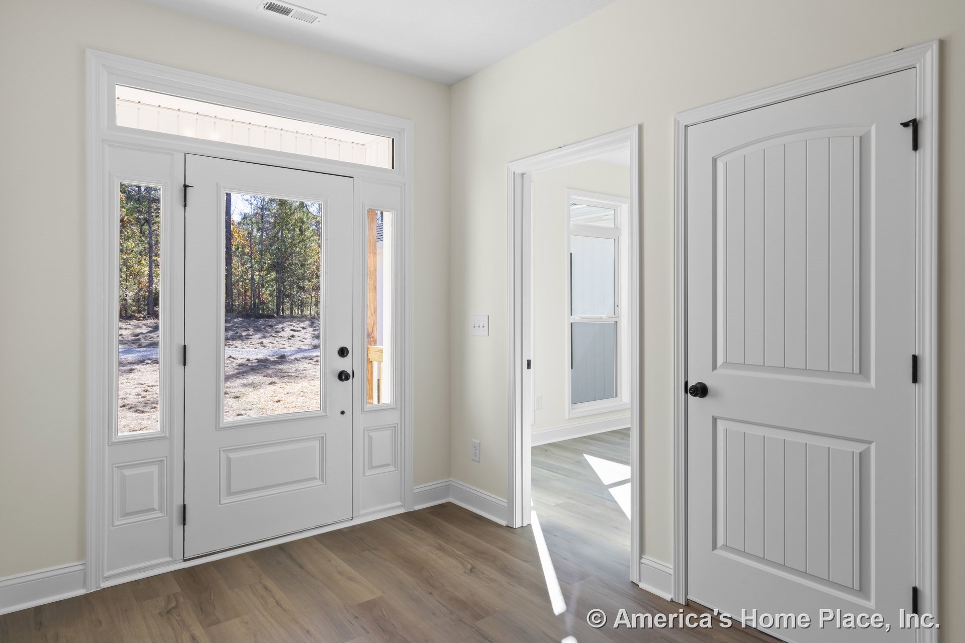 White paneled front door with sidelights and transom window, wood-look flooring, interior white trim and baseboards, adjacent interior doors, neutral wall color, natural light