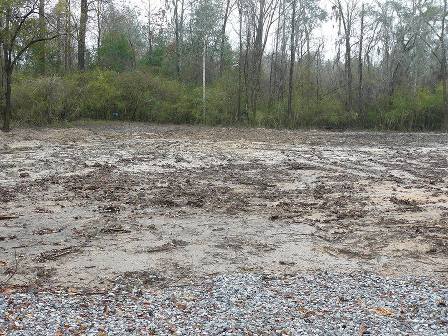 Dirt field with scattered rocks and leaves, bordered by a group of trees in the background, white pole and black-and-white pole positioned near center