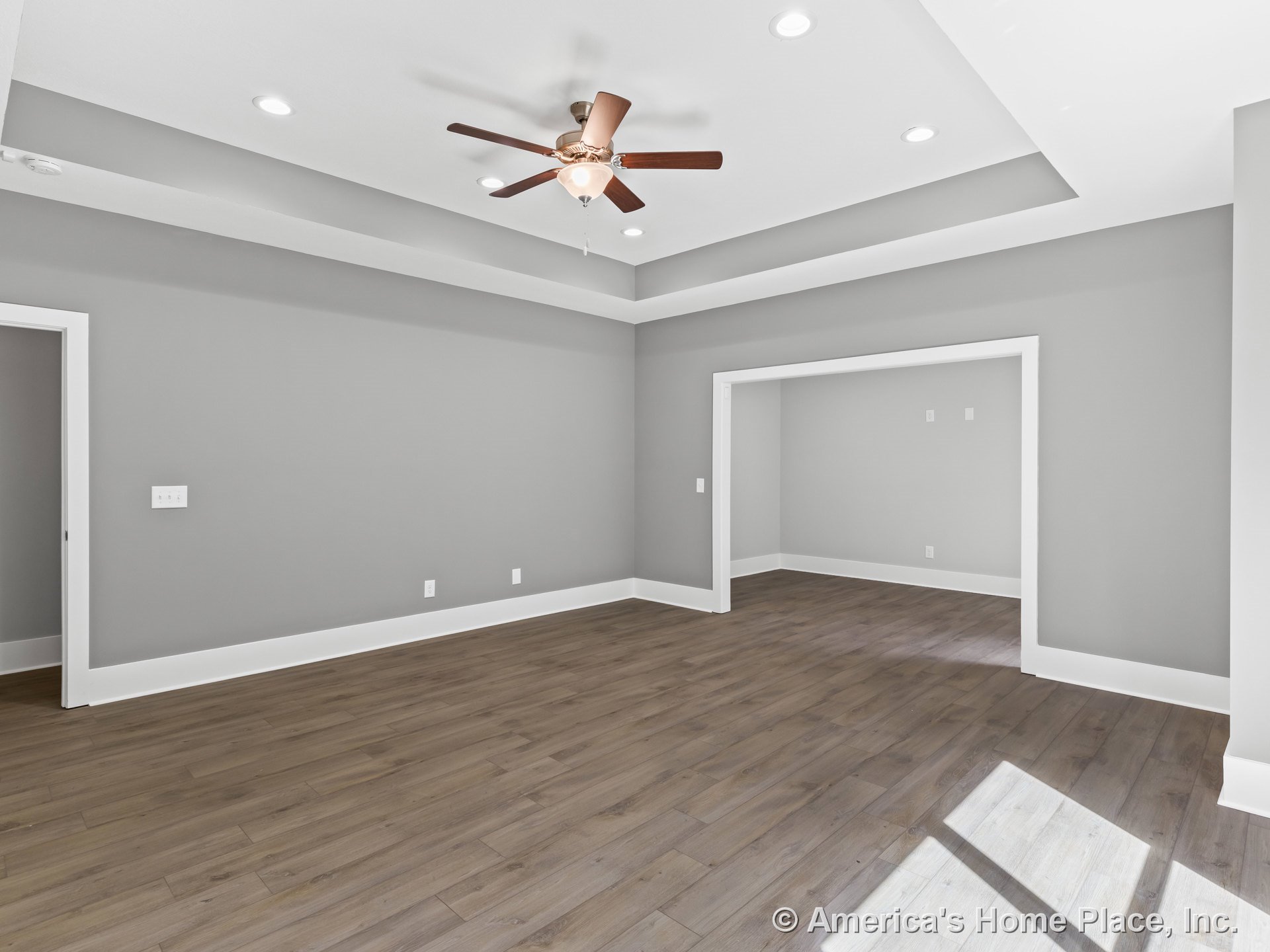 Tray ceiling with recessed lighting and ceiling fan, wood-look plank flooring, gray painted walls with white baseboards and trim, large open doorway connecting to adjacent space.