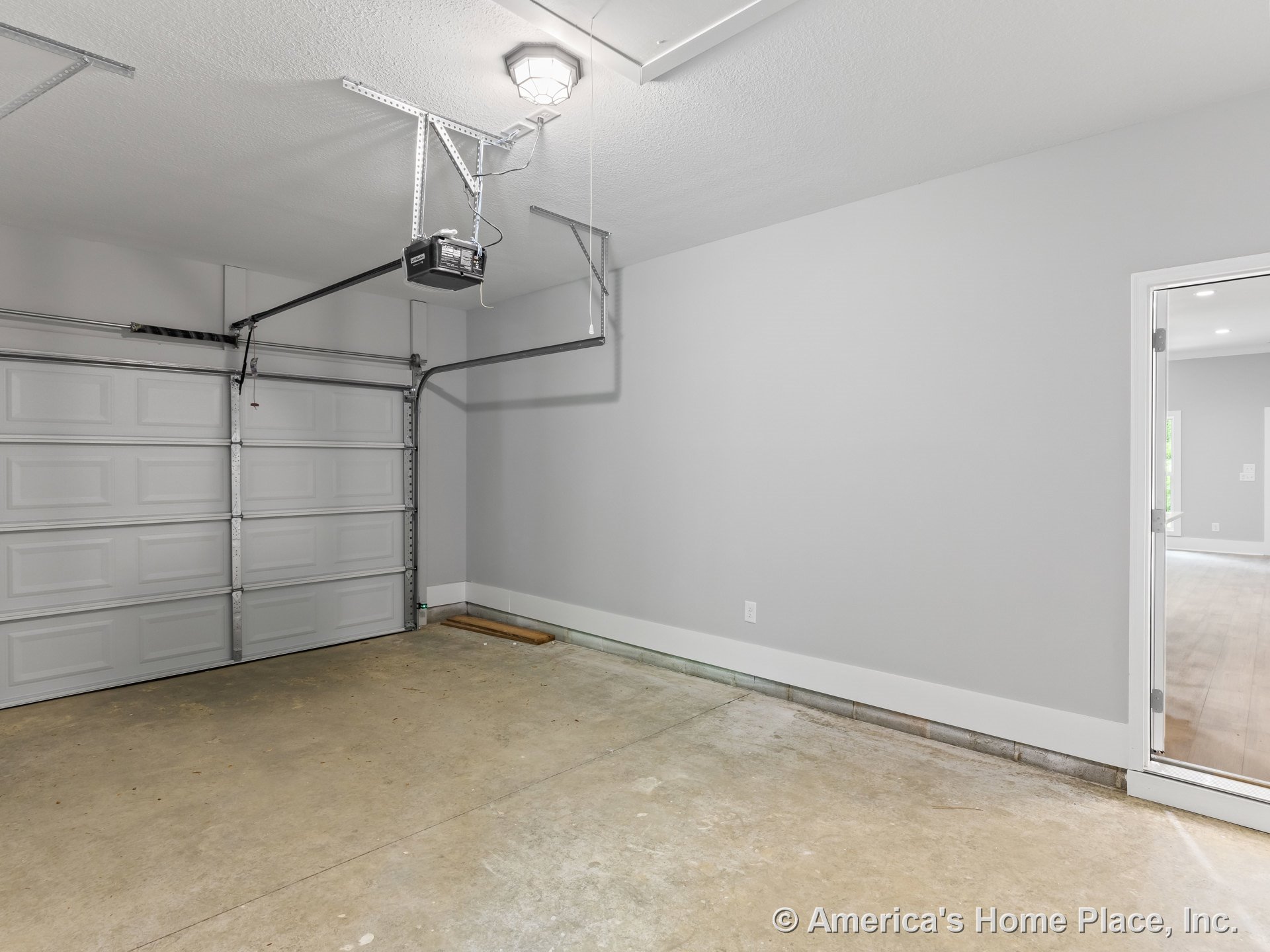 Sectional overhead garage door with automatic ceiling-mounted opener, concrete flooring, gray painted walls with baseboard trim, ceiling light fixture, and interior access door.