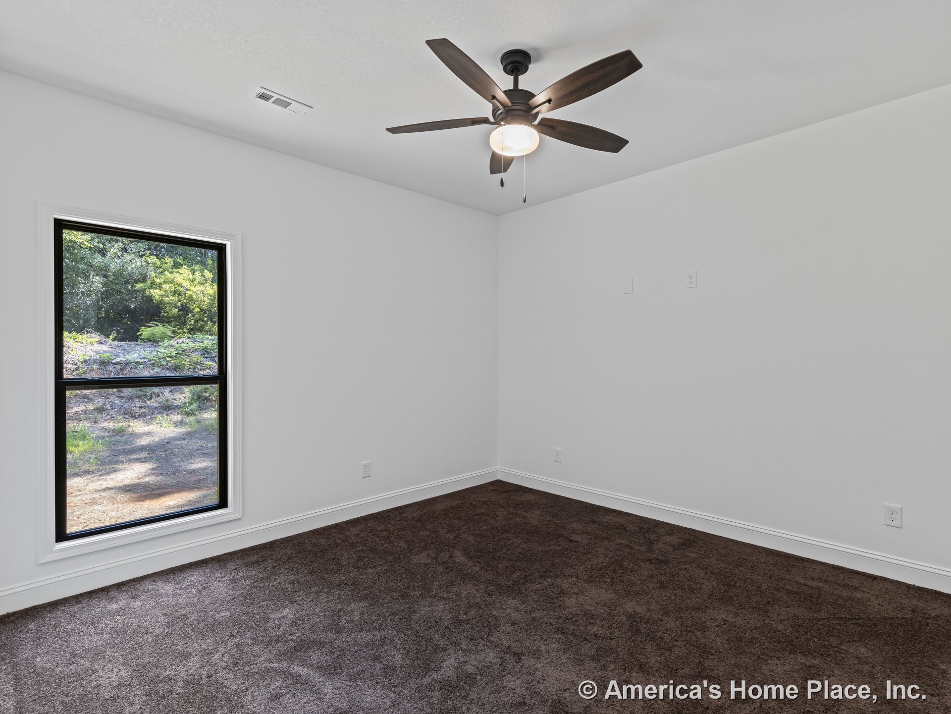 Bedroom with brown carpet flooring, white walls, large black-trim single window providing natural light, ceiling fan with integrated light fixture, and white baseboard trim.