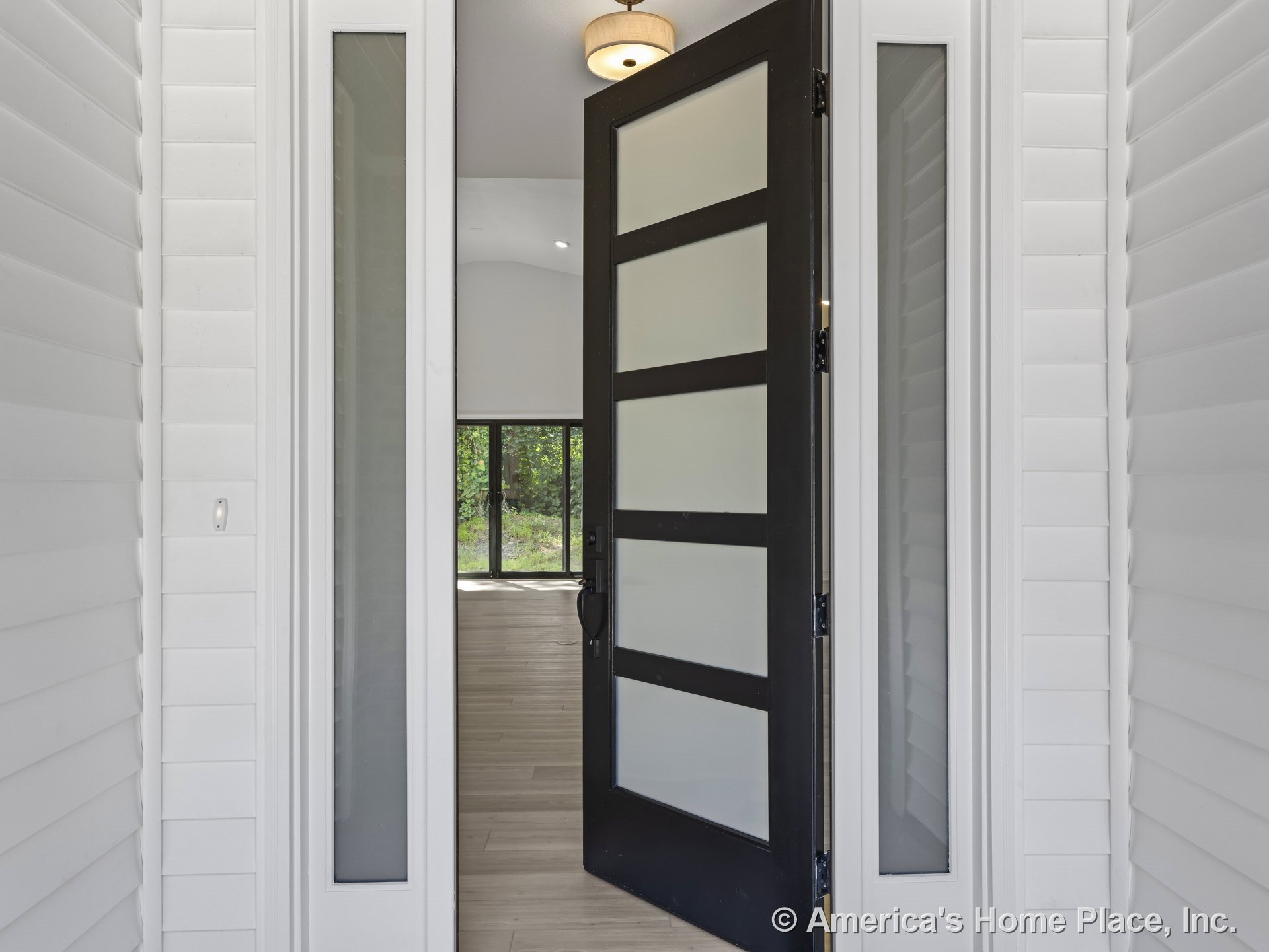 Black framed entry door with frosted glass sidelights and transom window, white exterior siding, wood-look tile flooring in foyer, recessed ceiling light, modern door hardware