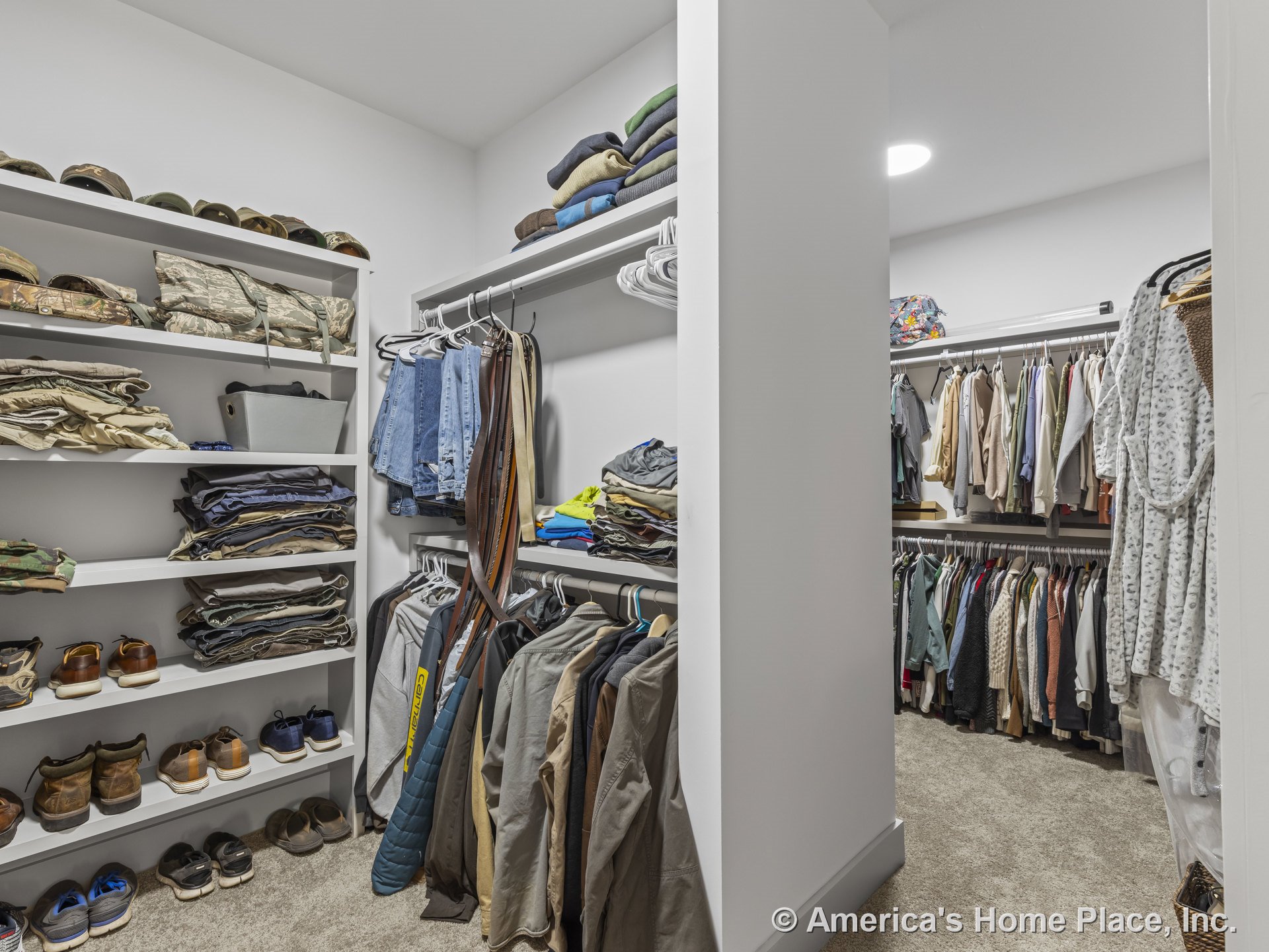 Spacious walk-in closet with built-in white shelves, multiple hanging rods, carpeted floor, white trim, recessed ceiling light, and organized storage layout.