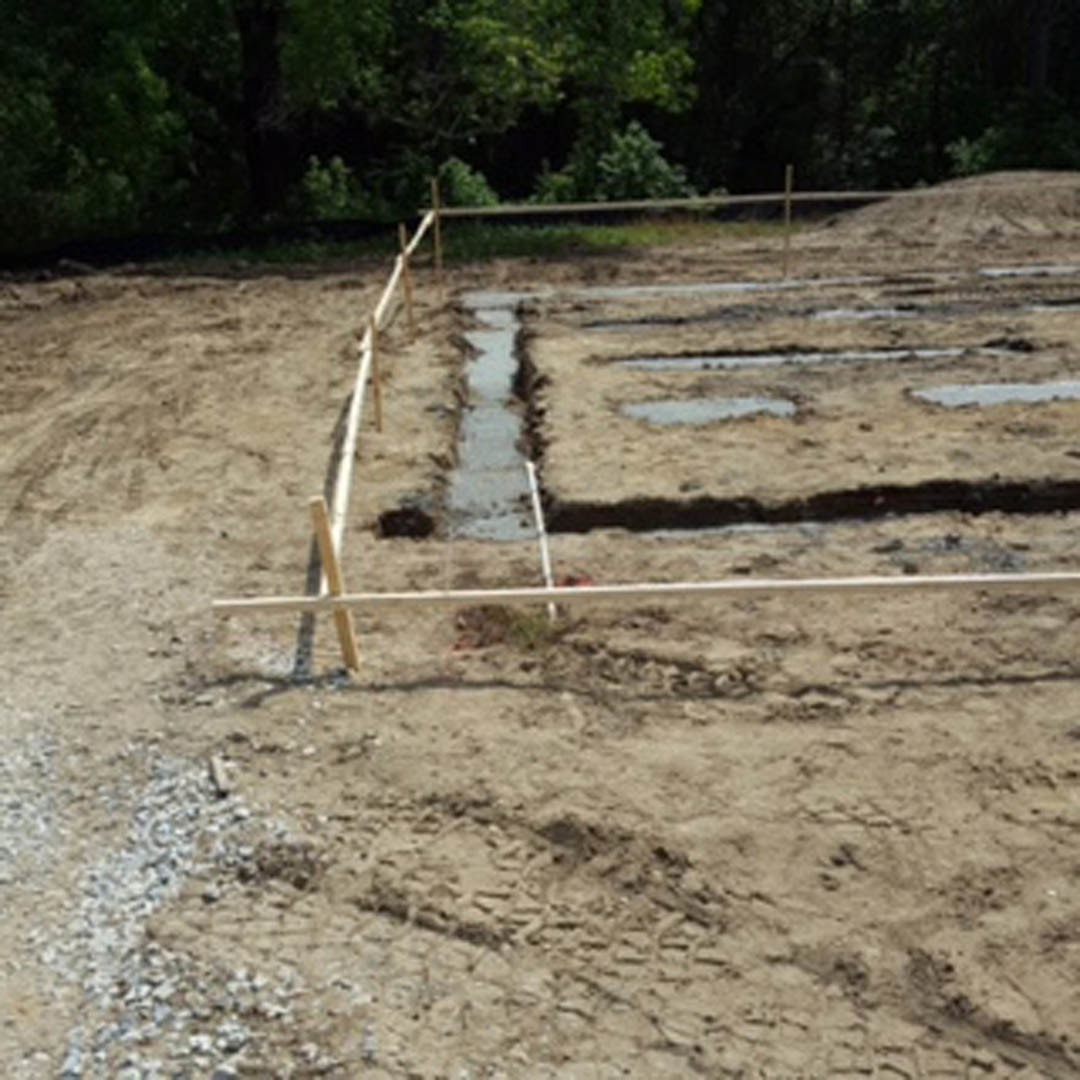 Dirt yard bordered by wooden and metal fences, with scattered trees and plants along the perimeter