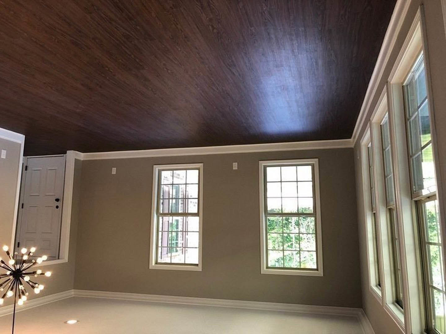 Wood plank ceiling, large window with multiple square panes, multi-bulb light fixture, white door with black knobs, dark hardwood floor illuminated by natural light