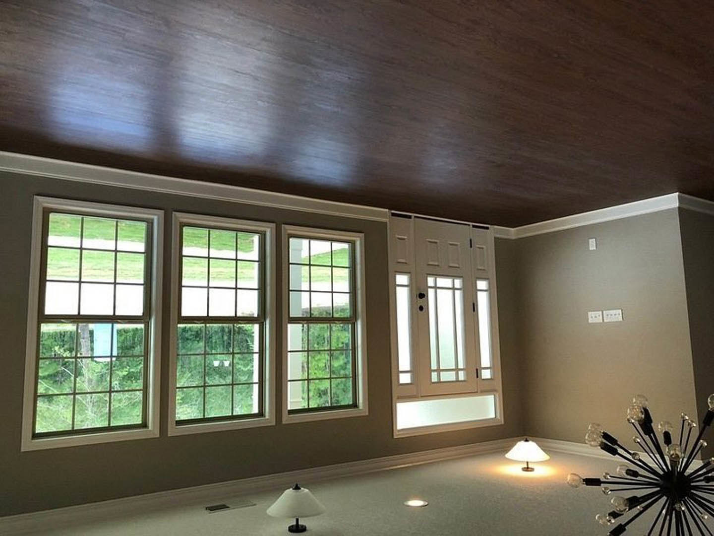 White paneled door with glass inserts, row of square-paned windows overlooking green lawn, chandelier with crystal accents, white lamp shade, neutral walls, ceiling fan, and window