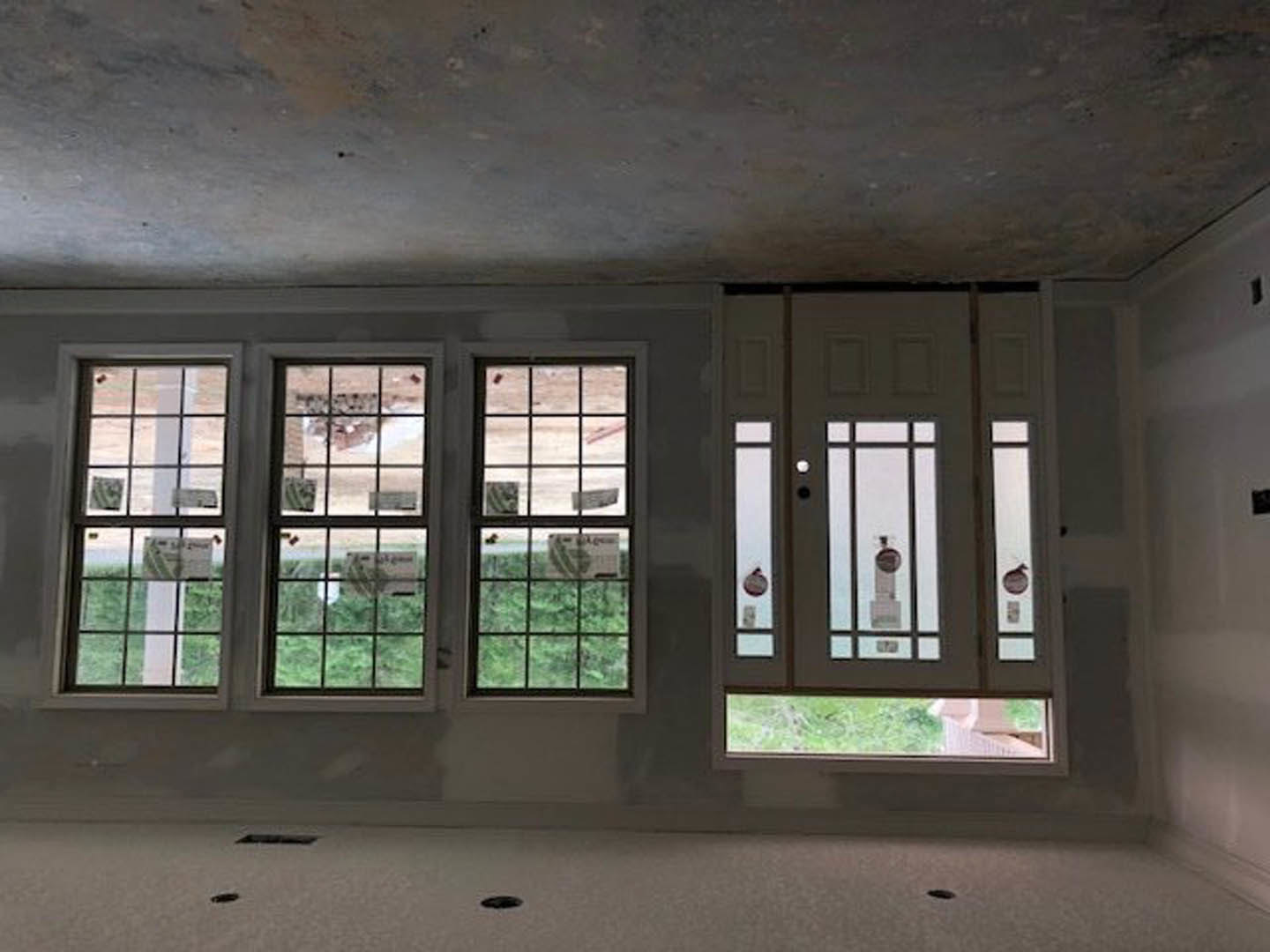 Spacious room featuring multiple large windows with square panes, white plaster walls, light ceiling, and modern grey door