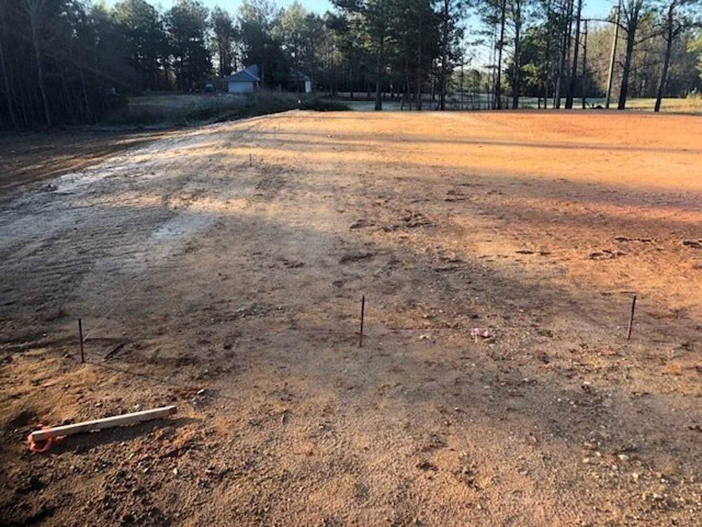 Dirt field bordered by trees under open sky, grassy patches scattered across soil