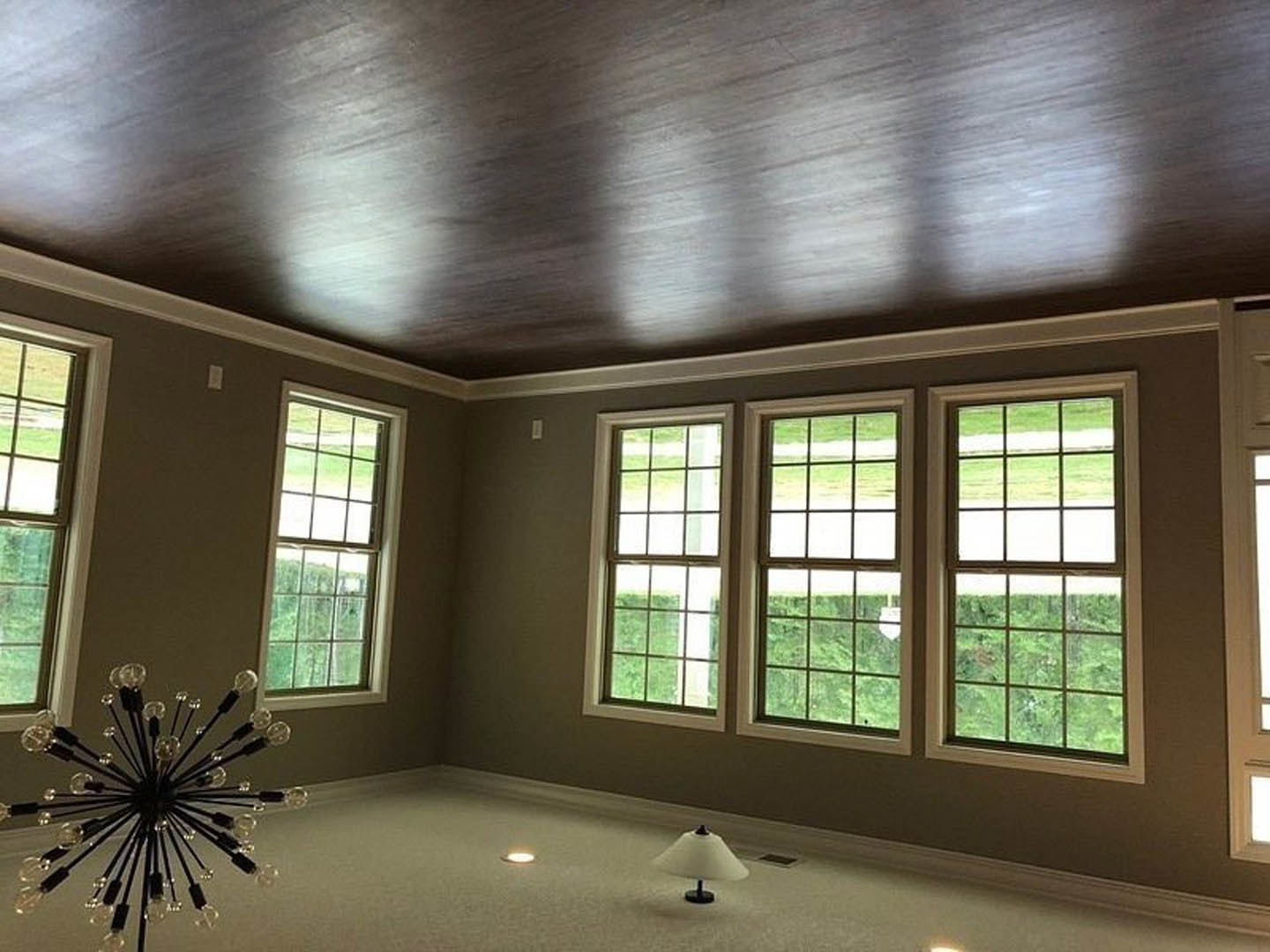 Spacious room featuring a row of large windows with white trim, multi-pane glass, chandelier with exposed bulbs, floor lamp, and views of green grass outside