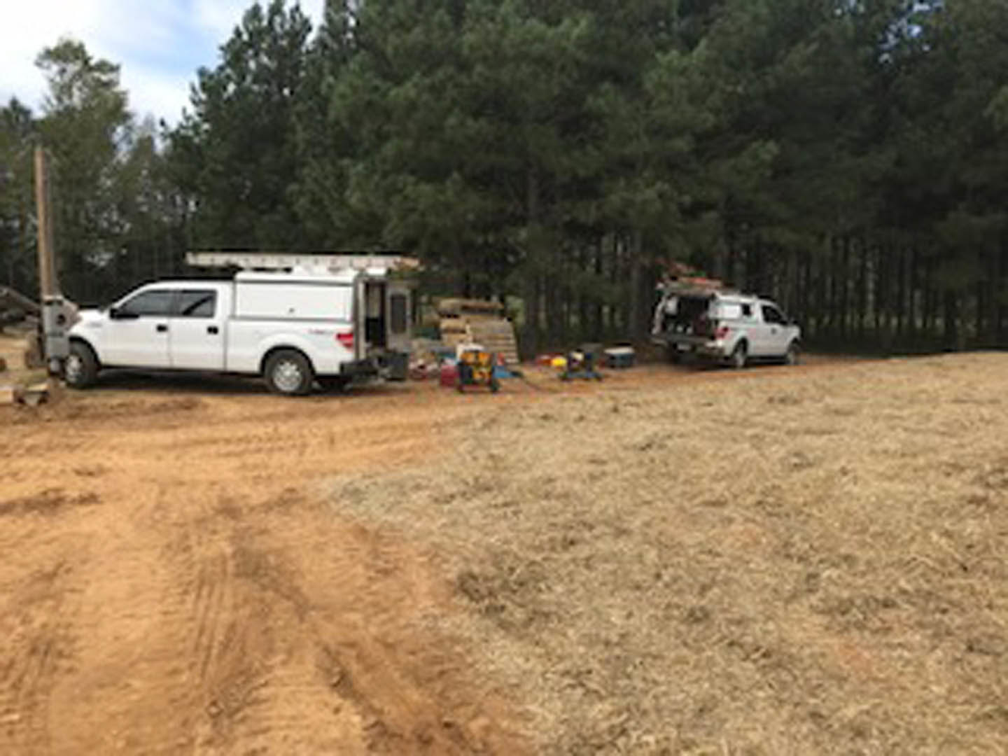 White pickup truck parked on a dirt driveway surrounded by tall trees and natural landscape