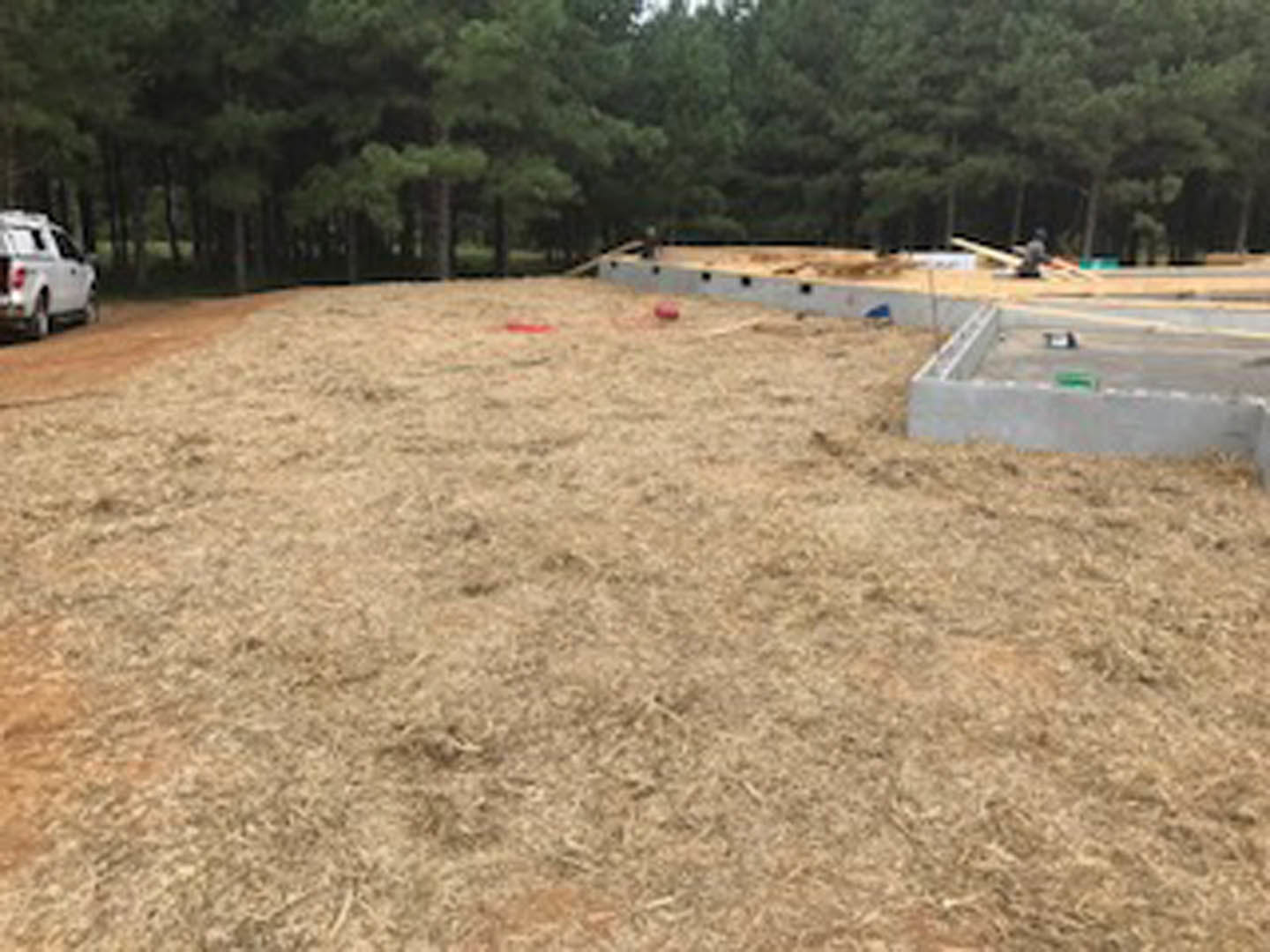 Expansive field of dry hay bordered by dense green trees, with a white van parked on the grass and a concrete surface visible in the foreground