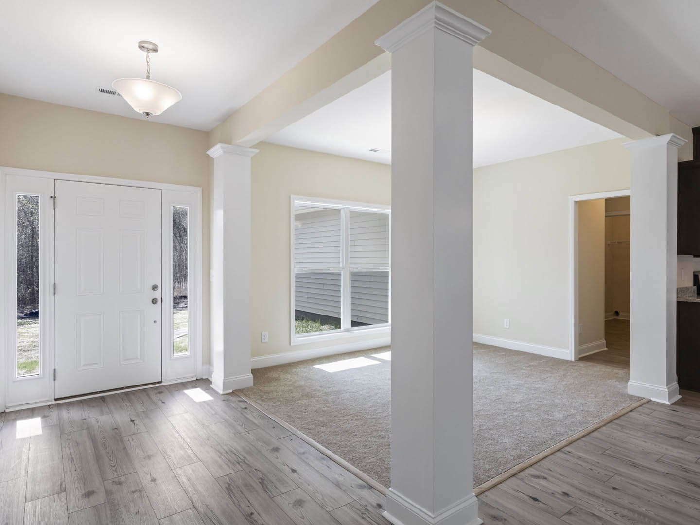 White paneled door with glass windows set in a white wall, laminate flooring, ceiling light fixture, and window with blinds